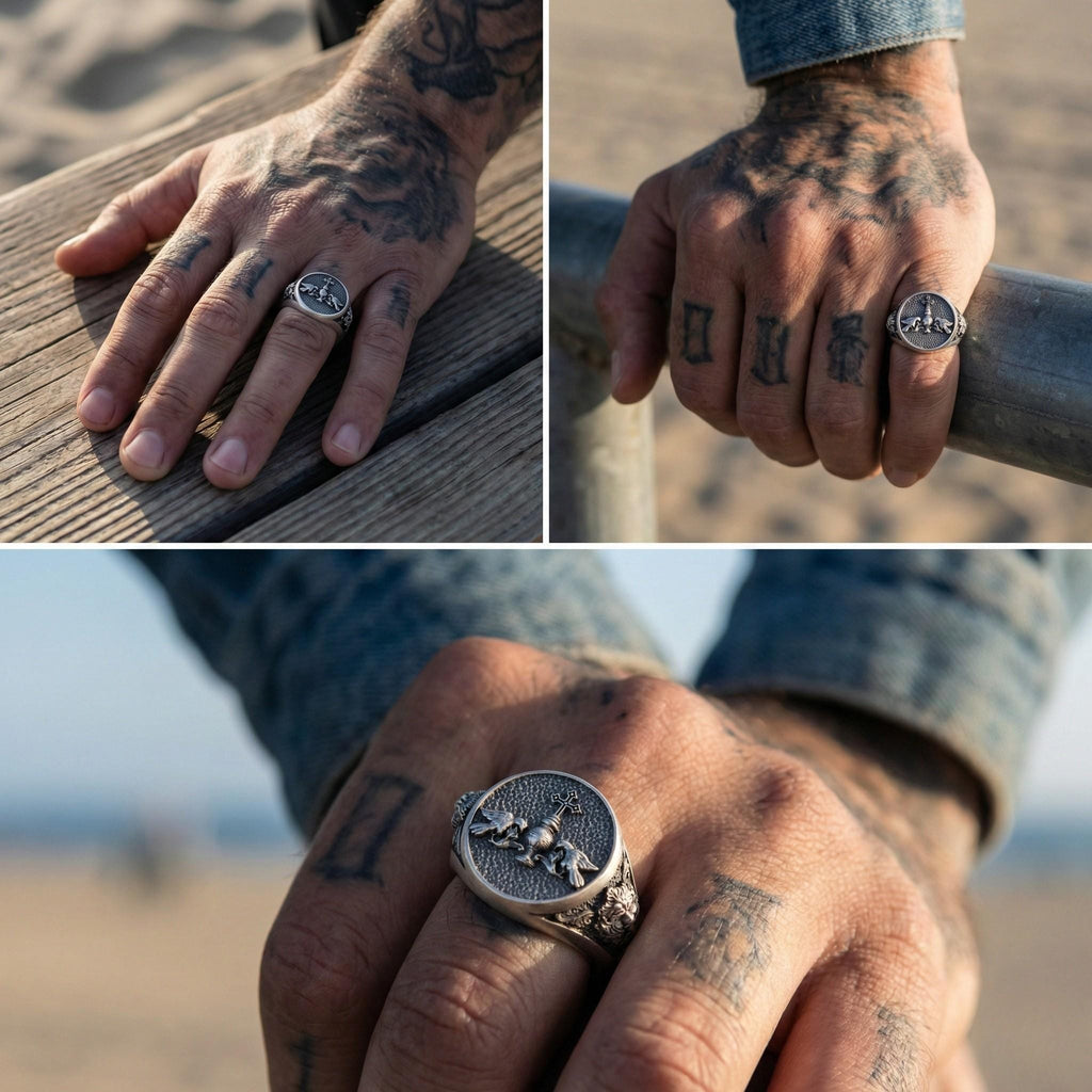 A collage of three images showing a person's hand with tattoos and a ring on the ring finger.