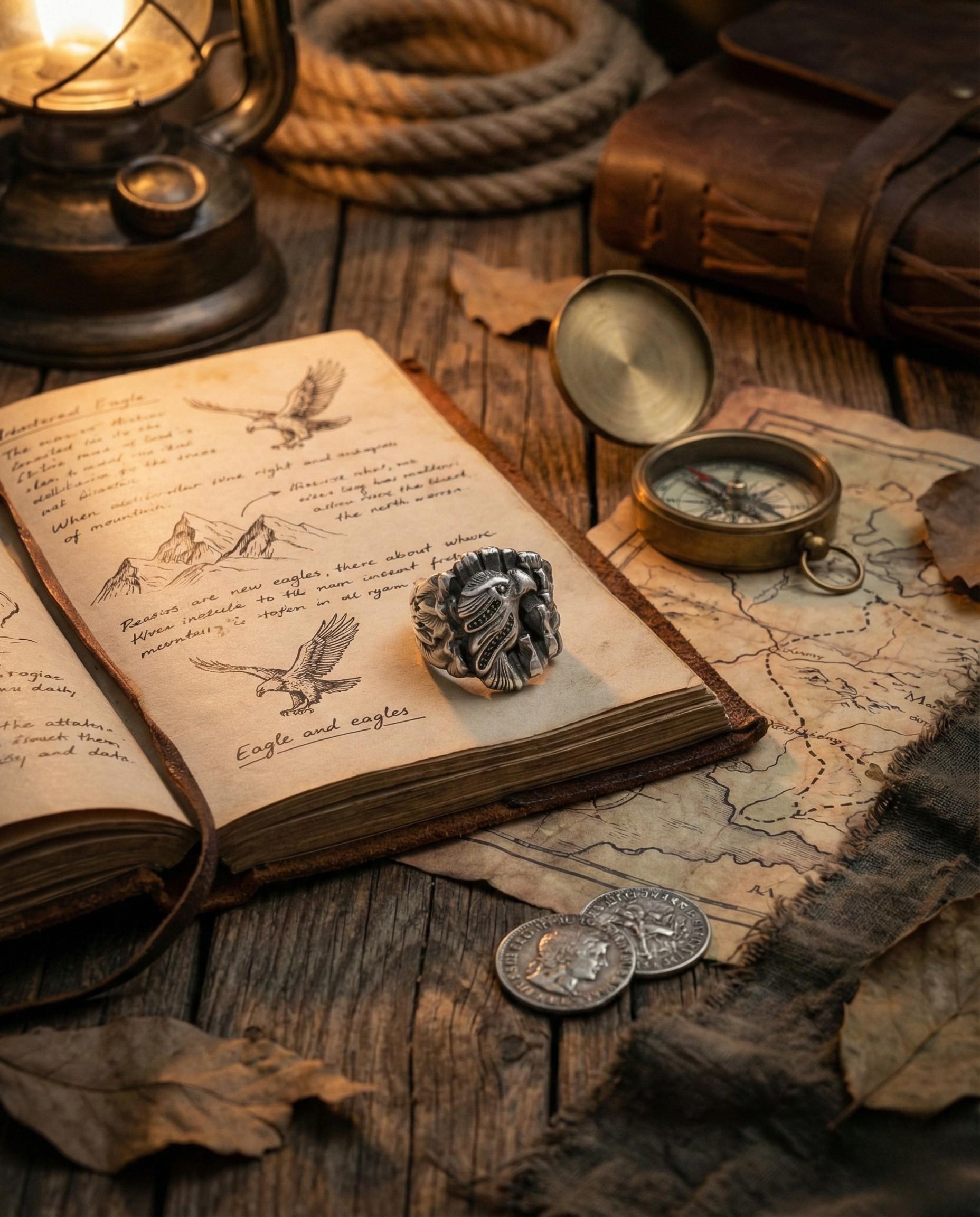 an open book with handwritten notes, a compass, a ring, and some coins on a wooden surface.
