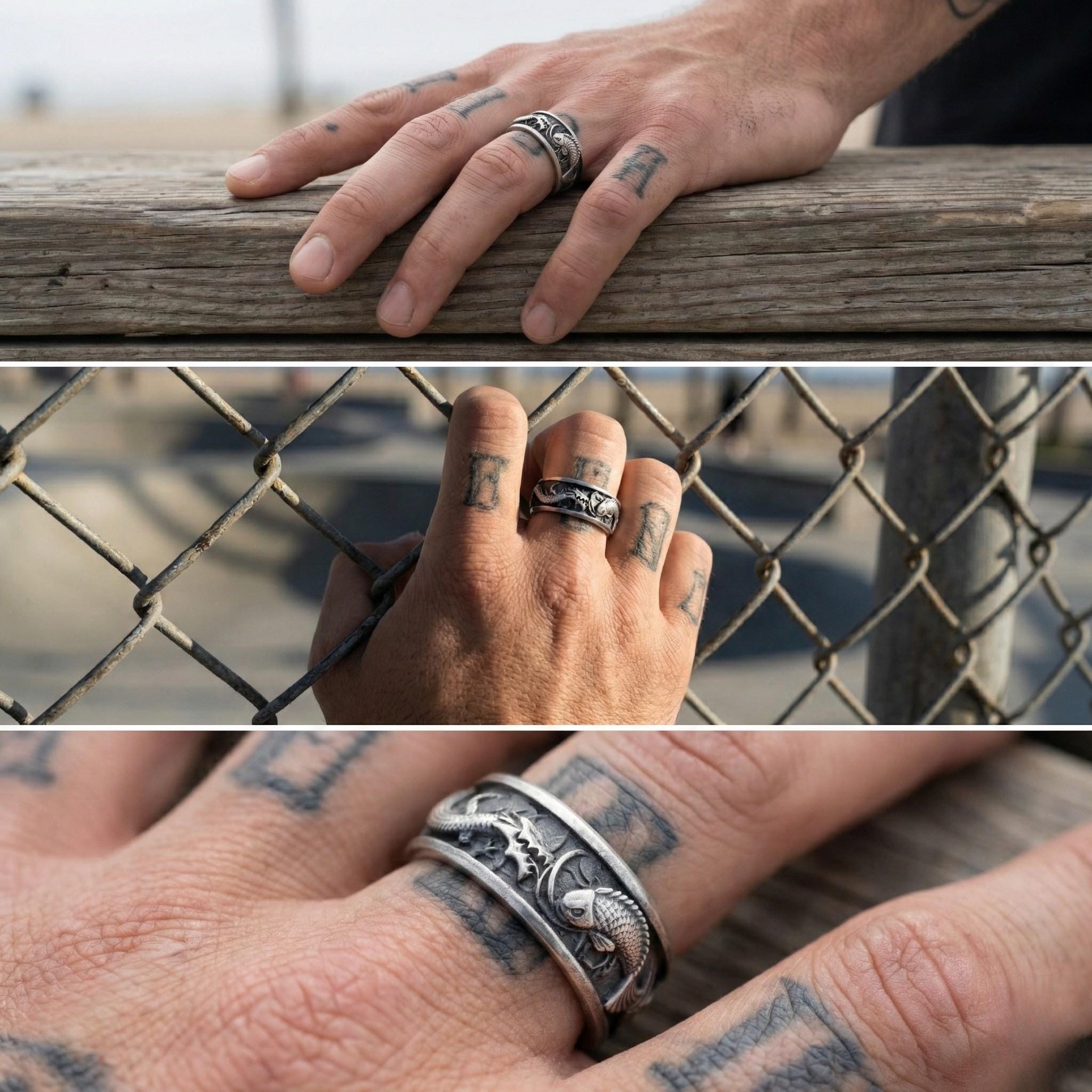 A close-up of a person's hand wearing a ring, with tattoos visible on the fingers.