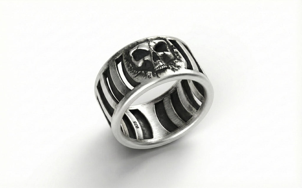 925 Ayar Gümüş Kafatası Yüzüğü – Erkekler için Oksitlenmiş Gotik Kafes Tarzı Yüzük