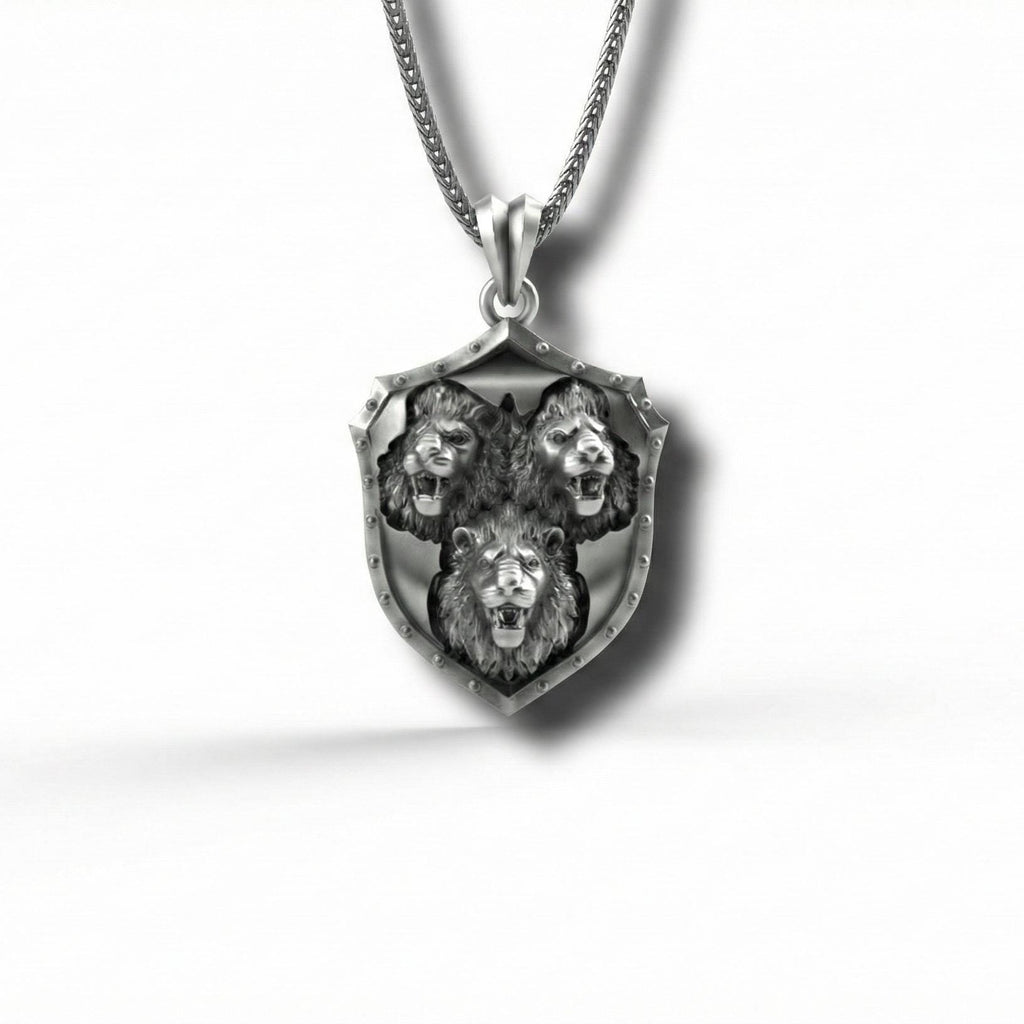 Üç Aslan Kalkan Kolye Ucu Oksitlenmiş Gümüş Takı
