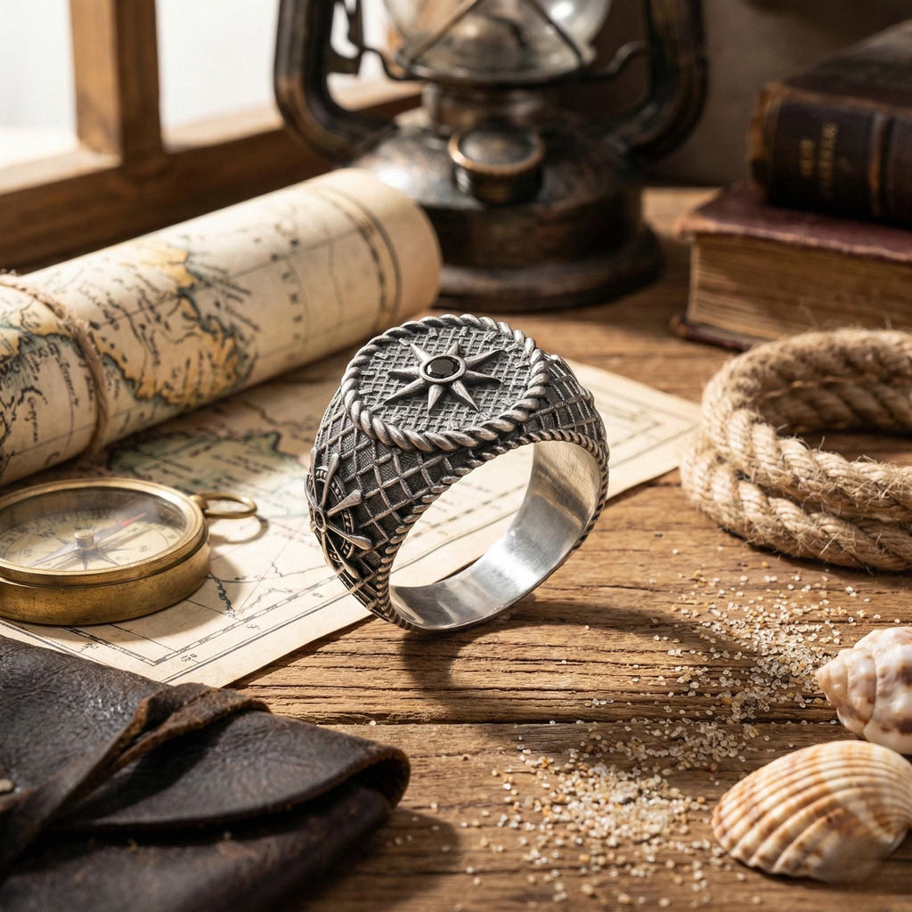 a silver ring with a detailed design, surrounded by various objects such as a map, a compass, a lantern, and a leather-bound book.