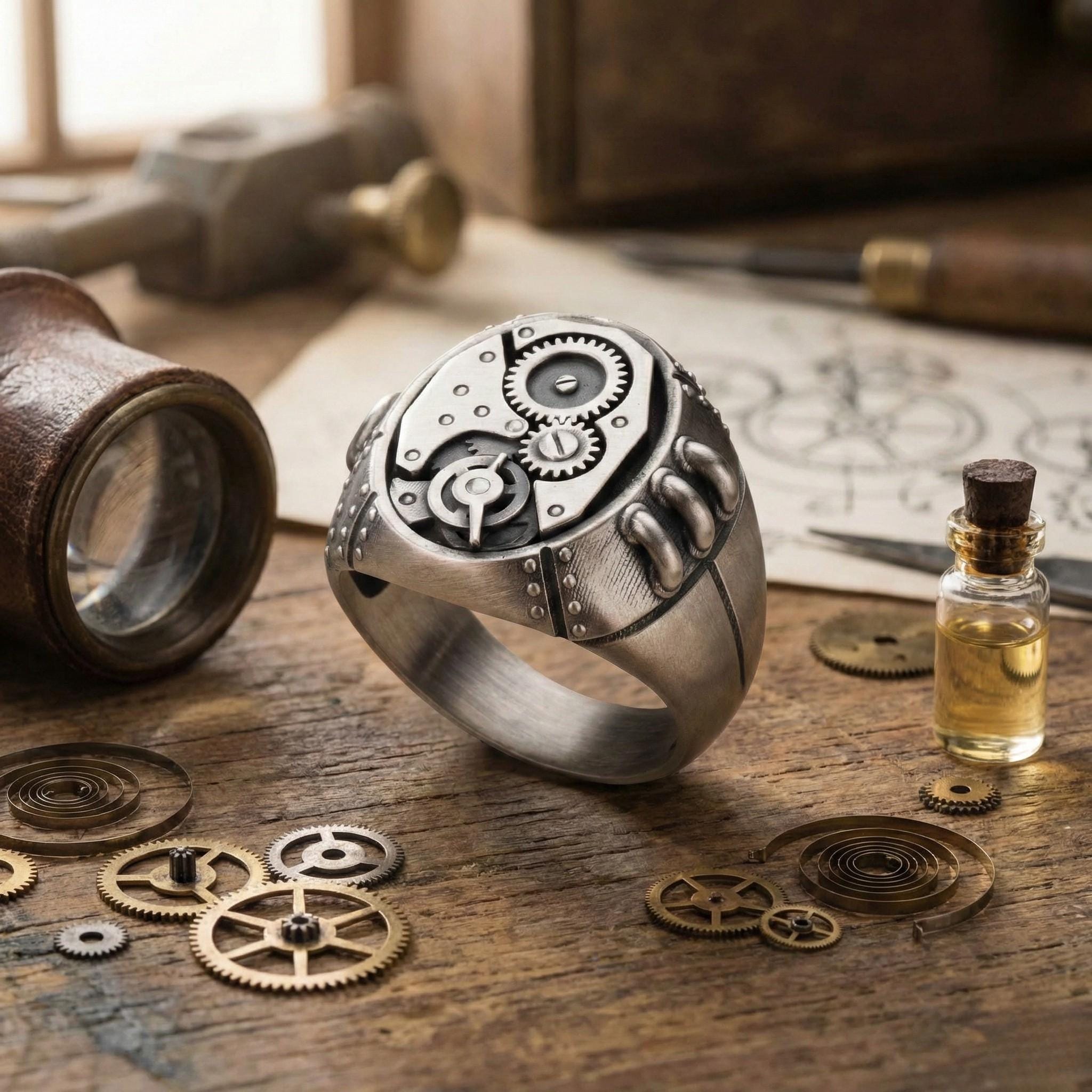 a silver ring with intricate gears and mechanical elements, surrounded by various mechanical parts and tools, such as a magnifying glass, a bottle, and a set of gears, all arranged on a wooden surface.