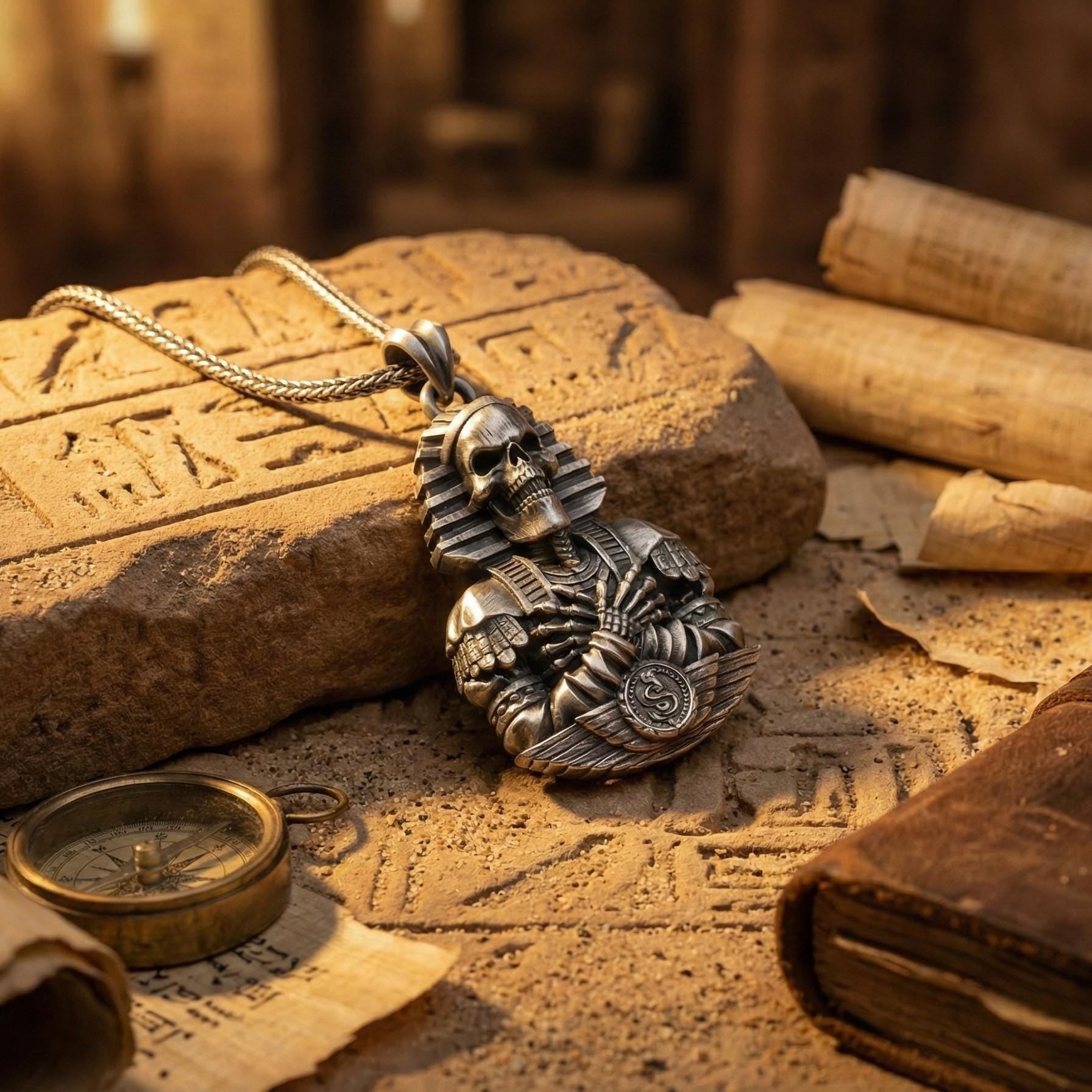 Mısır Kafatası Firavun Gümüş  Kolye