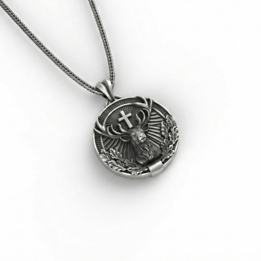 Aziz Hubertus Geyik Kolye Ucu Oksitlenmiş Gümüş Hristiyan Avcılık Sembolü Takı