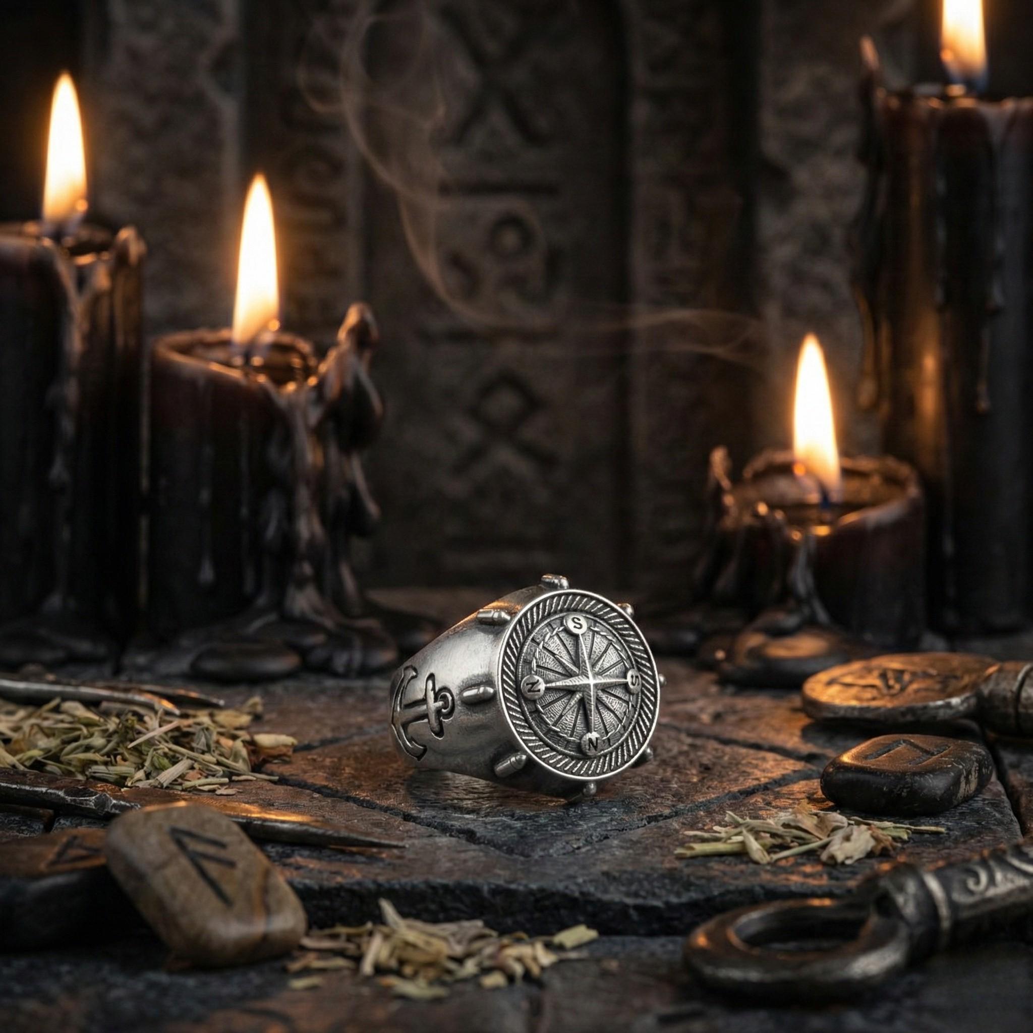 a silver ring with a compass design, surrounded by candles, herbs, and other mystical objects, creating an atmosphere of ancient rituals and spells.