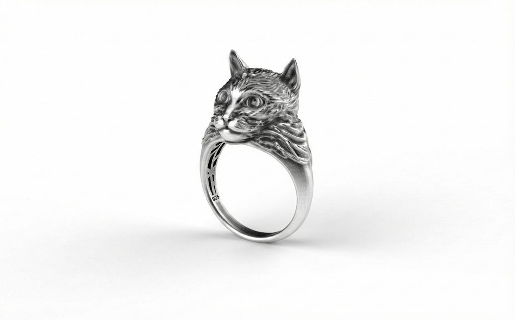 925 Ayar Gümüş Kedi Yüzük – 3 Boyutlu Kedi Başı Yüzüğü