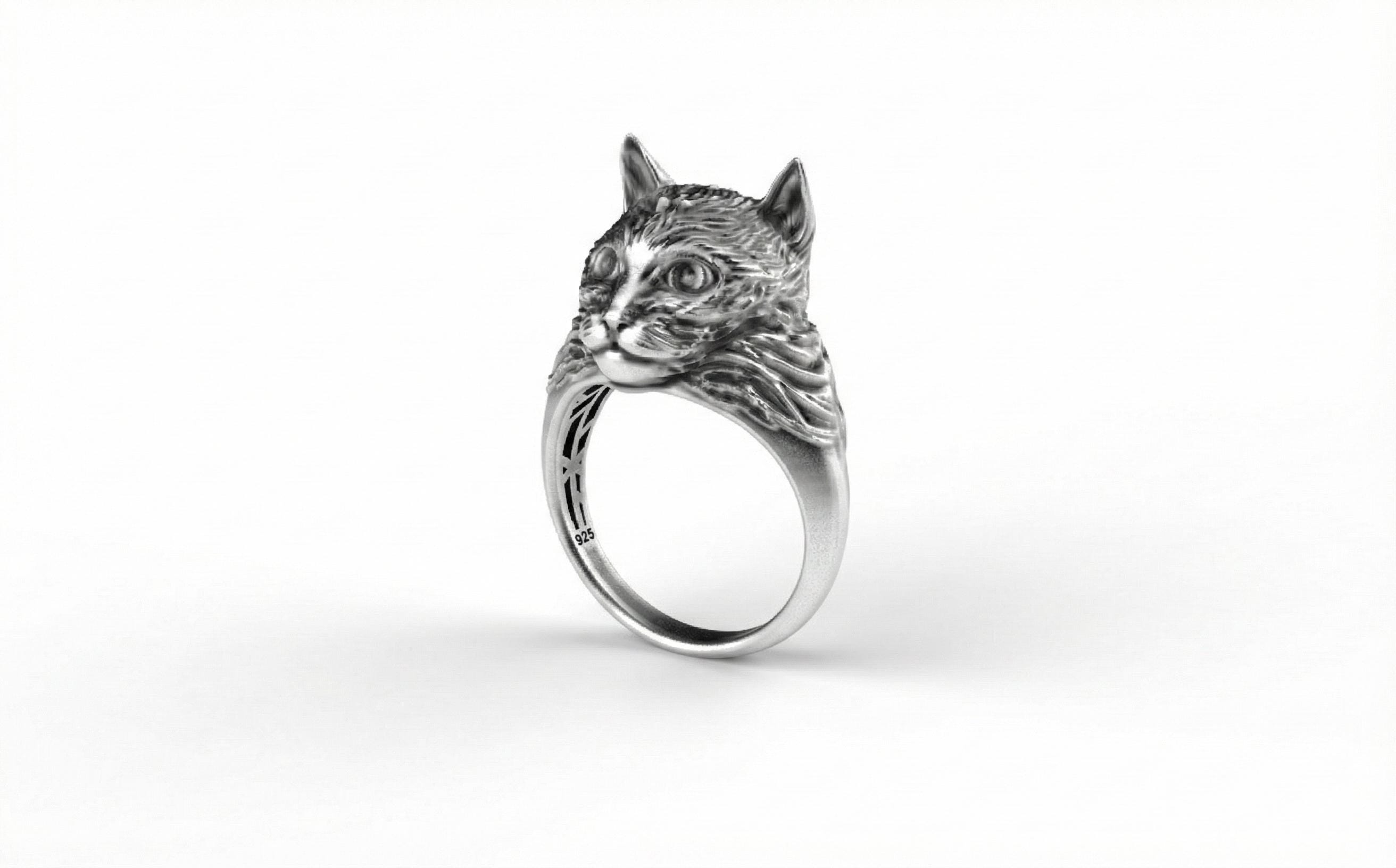 925 Ayar Gümüş Kedi Yüzük – 3 Boyutlu Kedi Başı Yüzüğü