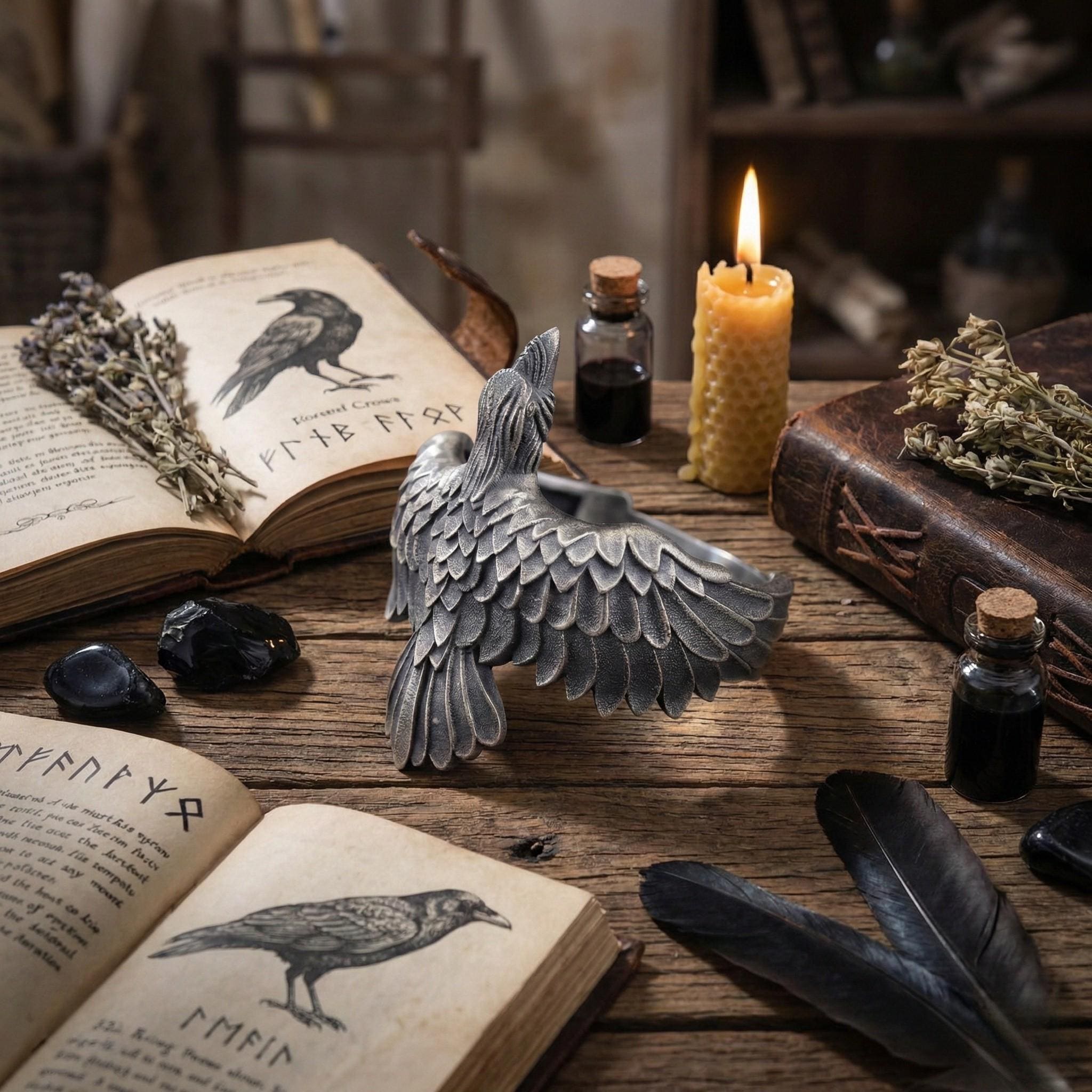 a collection of objects related to fantasy and magic, including an open book with illustrations of a crow, a candle, a metal bird sculpture, and various herbs and spices.