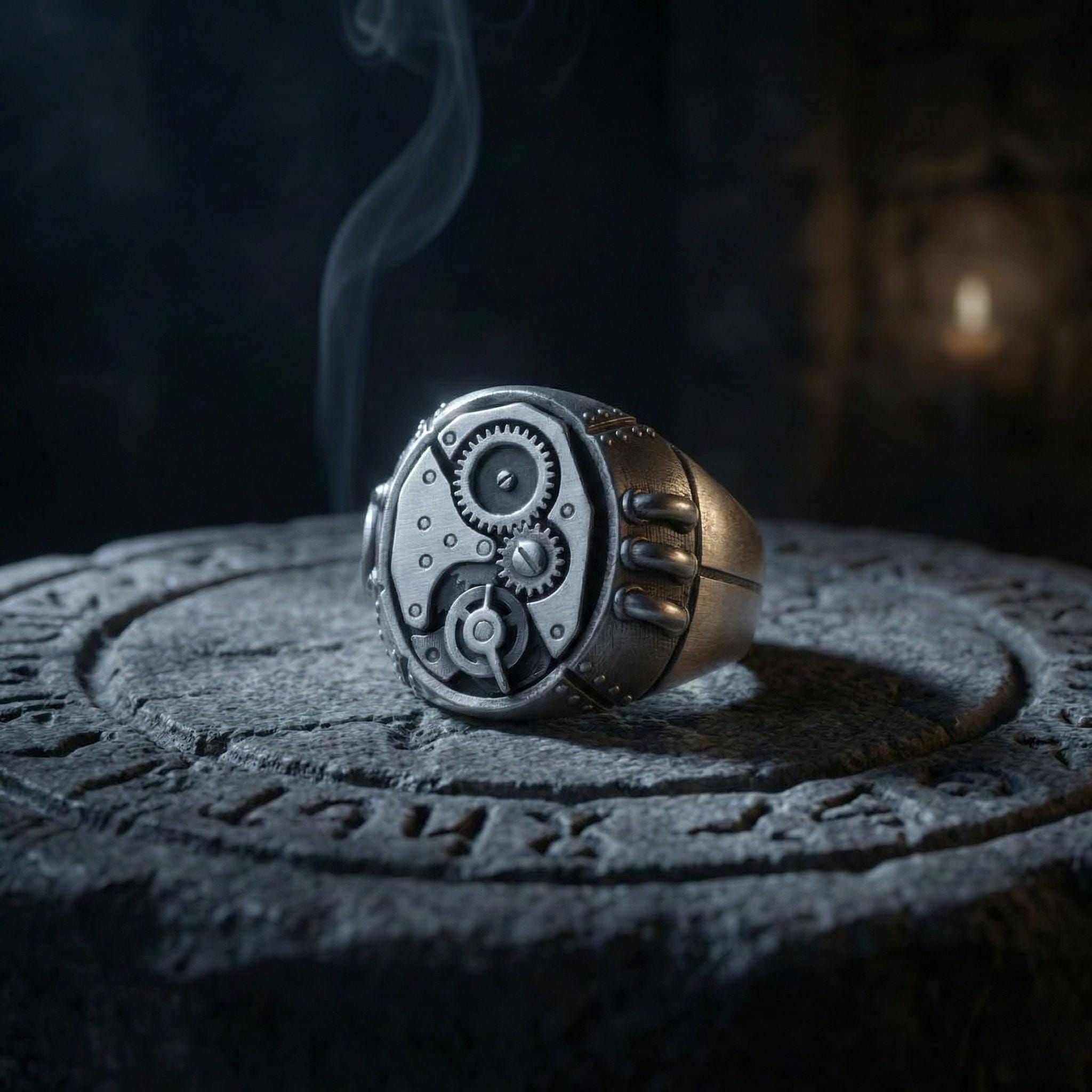 A metallic ring with gears and mechanical elements sits on a stone surface, with smoke rising from it.