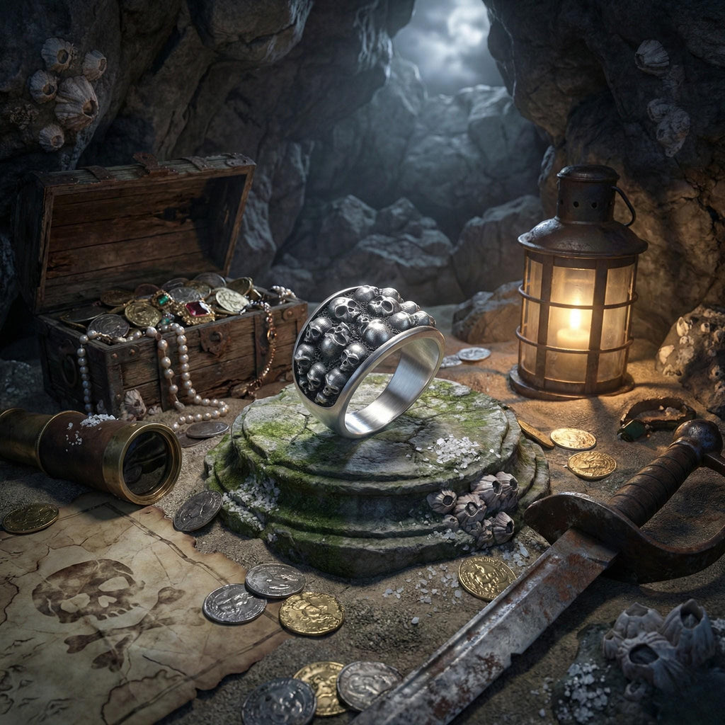 A pirate-themed scene with a ring, treasure chest, lantern, sword, and coins scattered around a cave-like setting.