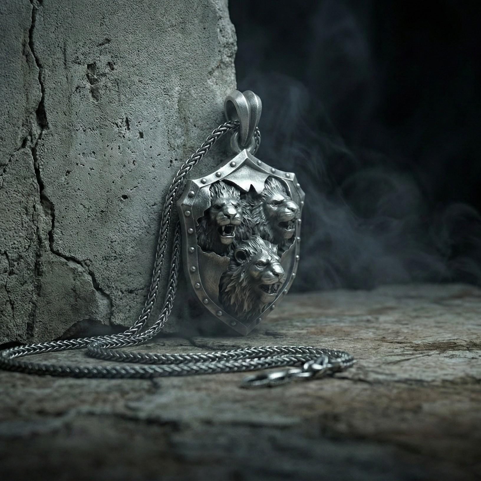 Üç Aslan Kalkan Kolye Ucu Oksitlenmiş Gümüş Takı