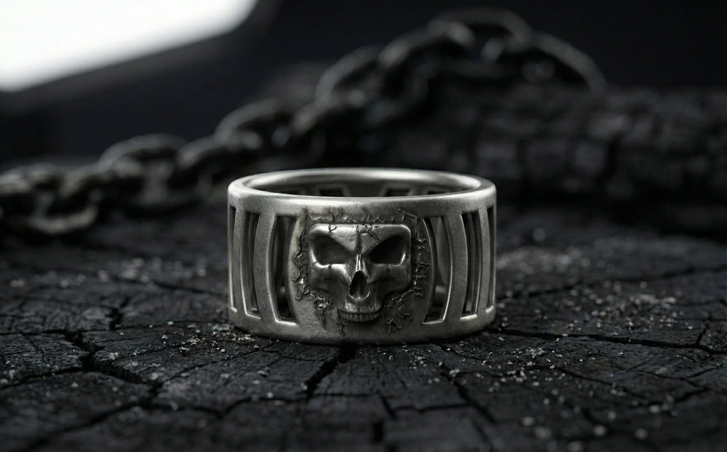 925 Ayar Gümüş Kafatası Yüzüğü – Erkekler için Oksitlenmiş Gotik Kafes Tarzı Yüzük