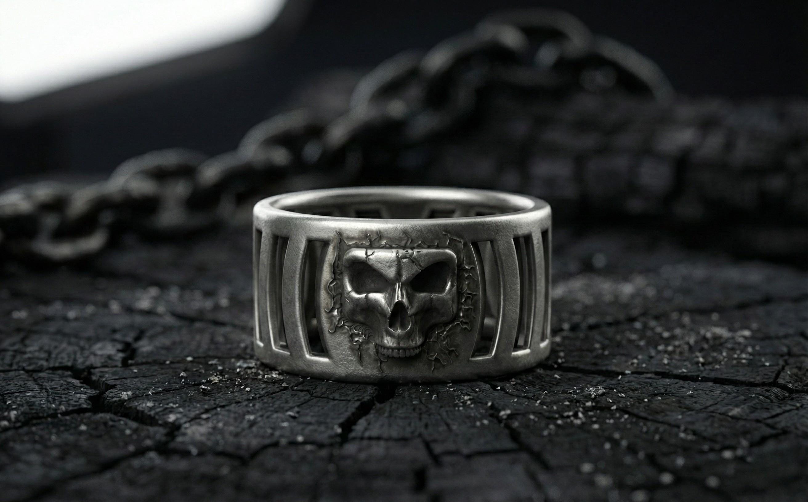 925 Ayar Gümüş Kafatası Yüzüğü – Erkekler için Oksitlenmiş Gotik Kafes Tarzı Yüzük