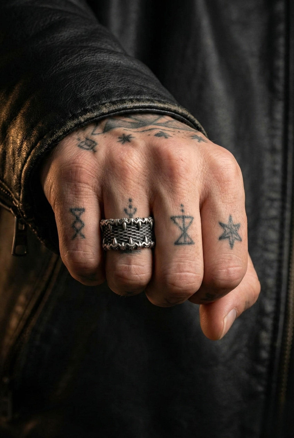 A close-up of a person's hand with multiple tattoos on the fingers, wearing a ring, and a leather jacket.