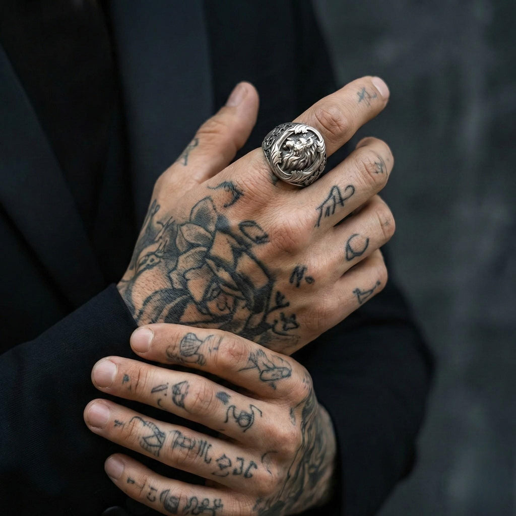 a close-up of a person's hands with tattoos on them, wearing a ring on one of the fingers.