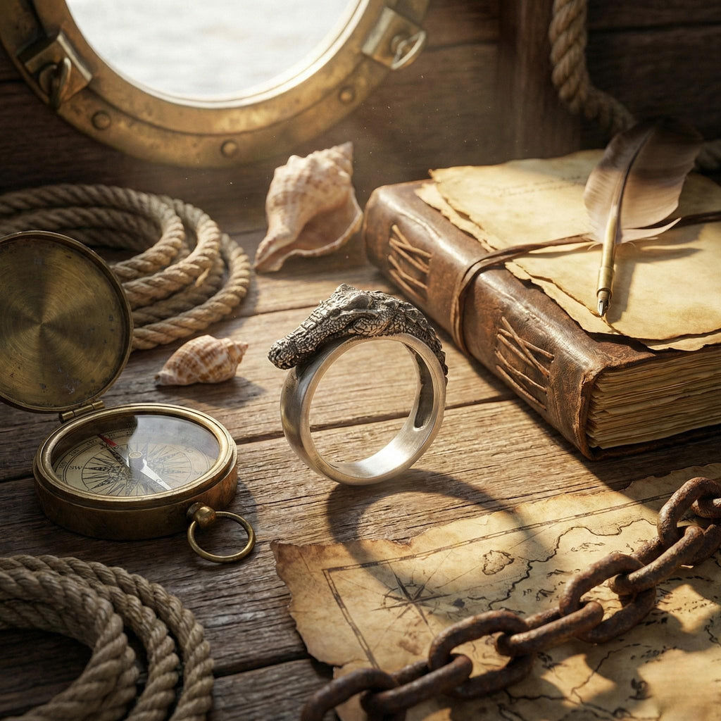 a ring with a snake head design, a compass, a book, a feather, and a map on a wooden surface.
