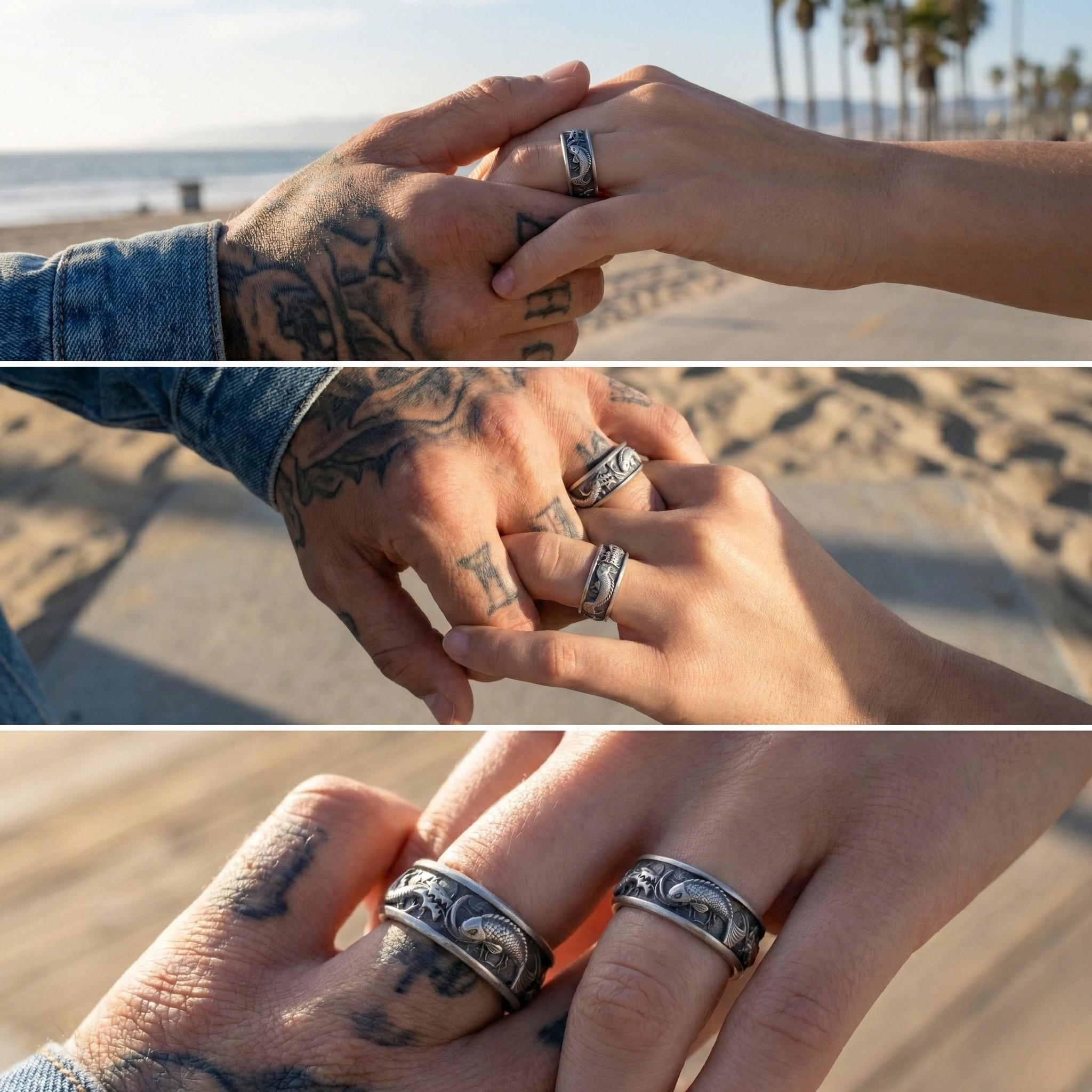 A collage of three images showing a couple's hands wearing silver rings, with tattoos visible on their hands.