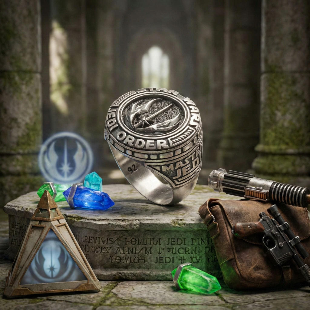 A ring with the word "JEDI ORDER" engraved on it, surrounded by various Star Wars-themed items such as a gun, gemstones, and a Star Wars emblem.