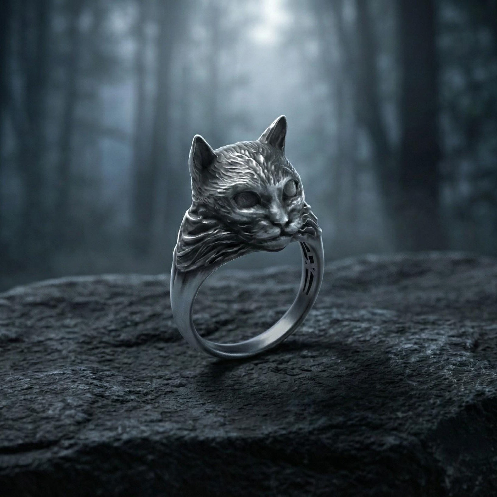 925 Ayar Gümüş Kedi Yüzük – 3 Boyutlu Kedi Başı Yüzüğü
