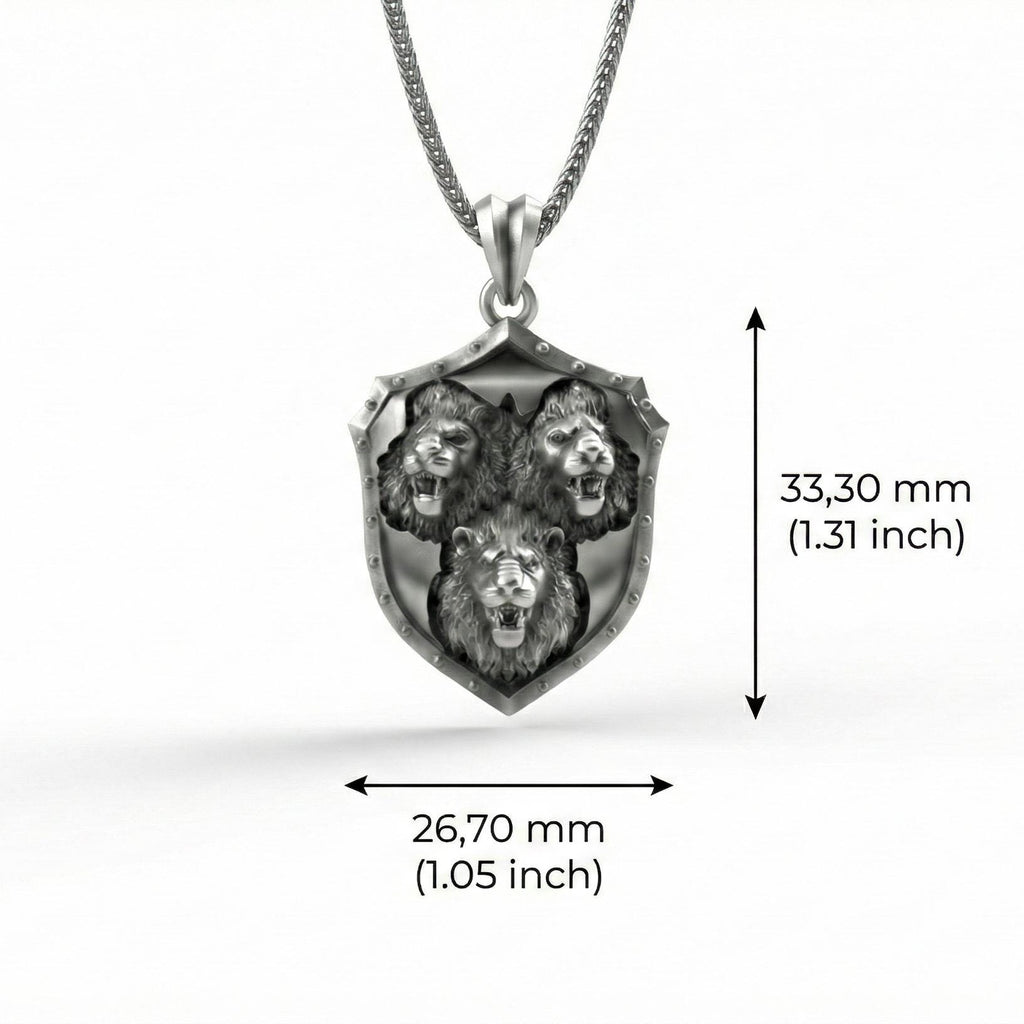 Üç Aslan Kalkan Kolye Ucu Oksitlenmiş Gümüş Takı