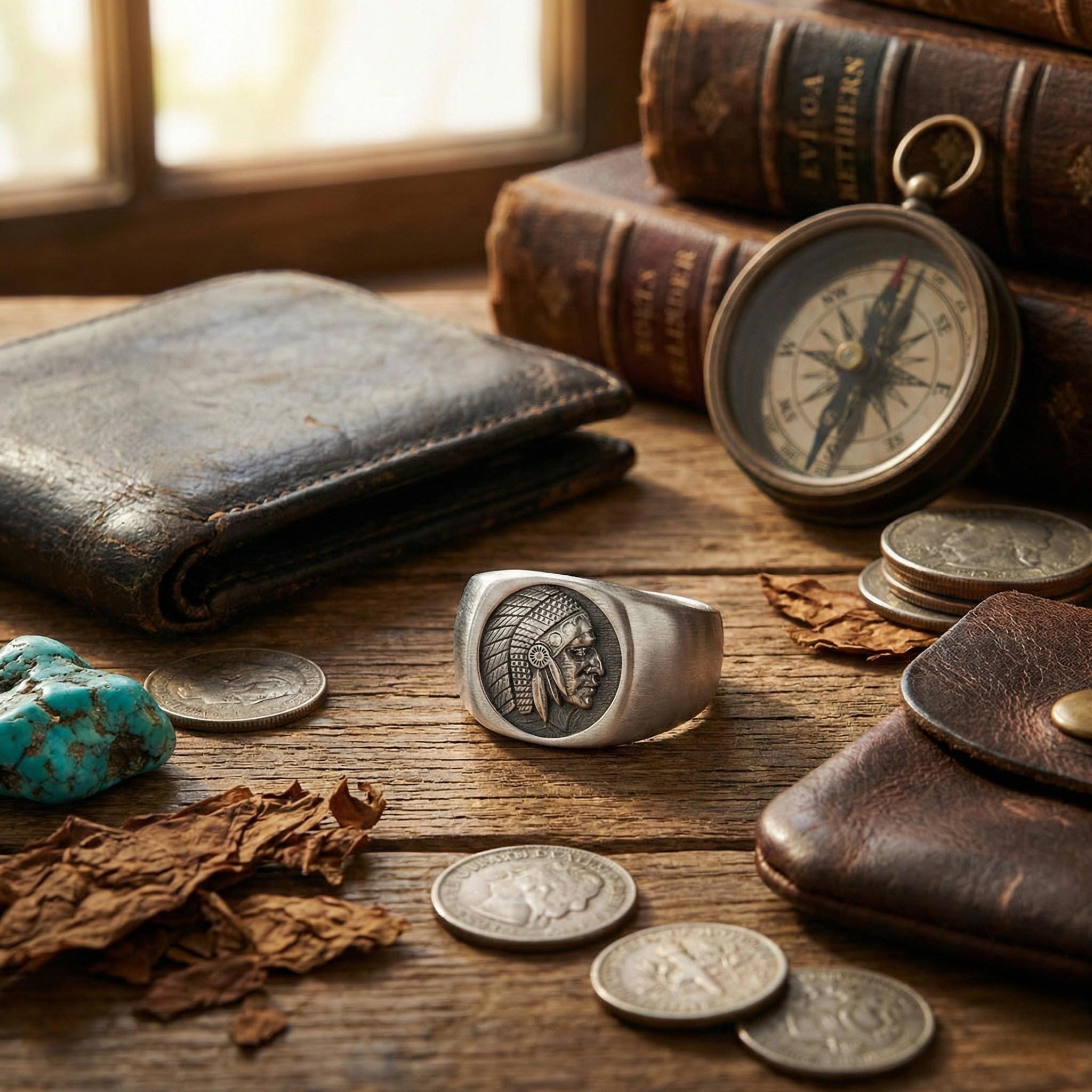 a collection of various objects, including a wallet, a ring, coins, and books, arranged on a wooden surface.
