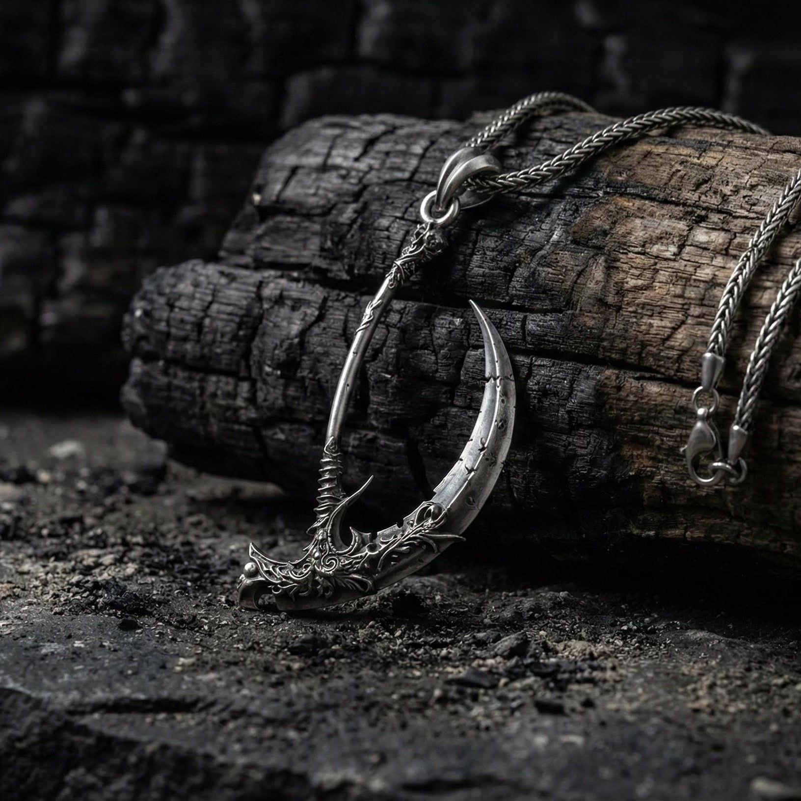 Oyma Desenli Ölüm Meleği Tırpanı Gümüş Kolye