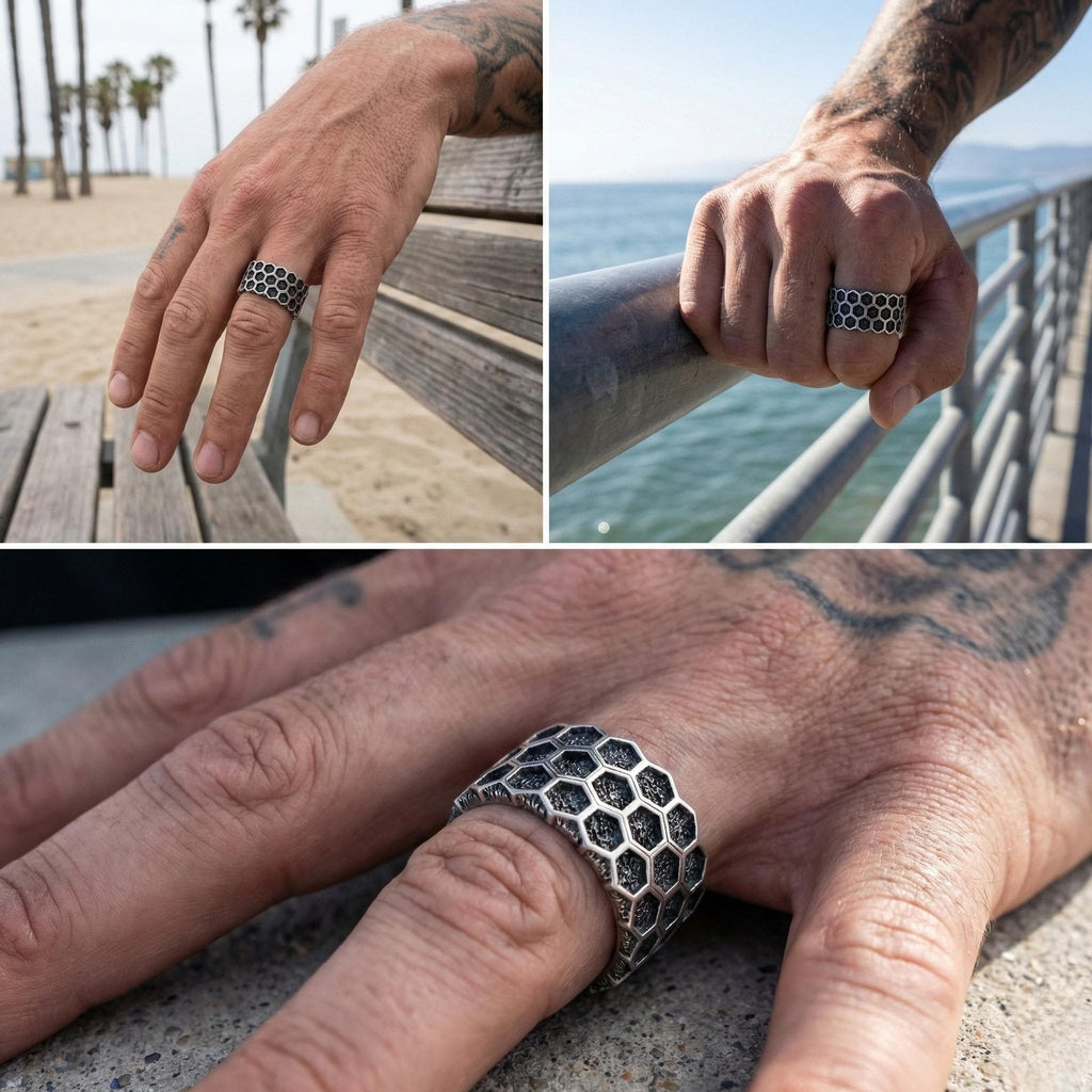 A collage of three images showing a person's hand wearing a ring, with the ring featuring a unique hexagonal design.