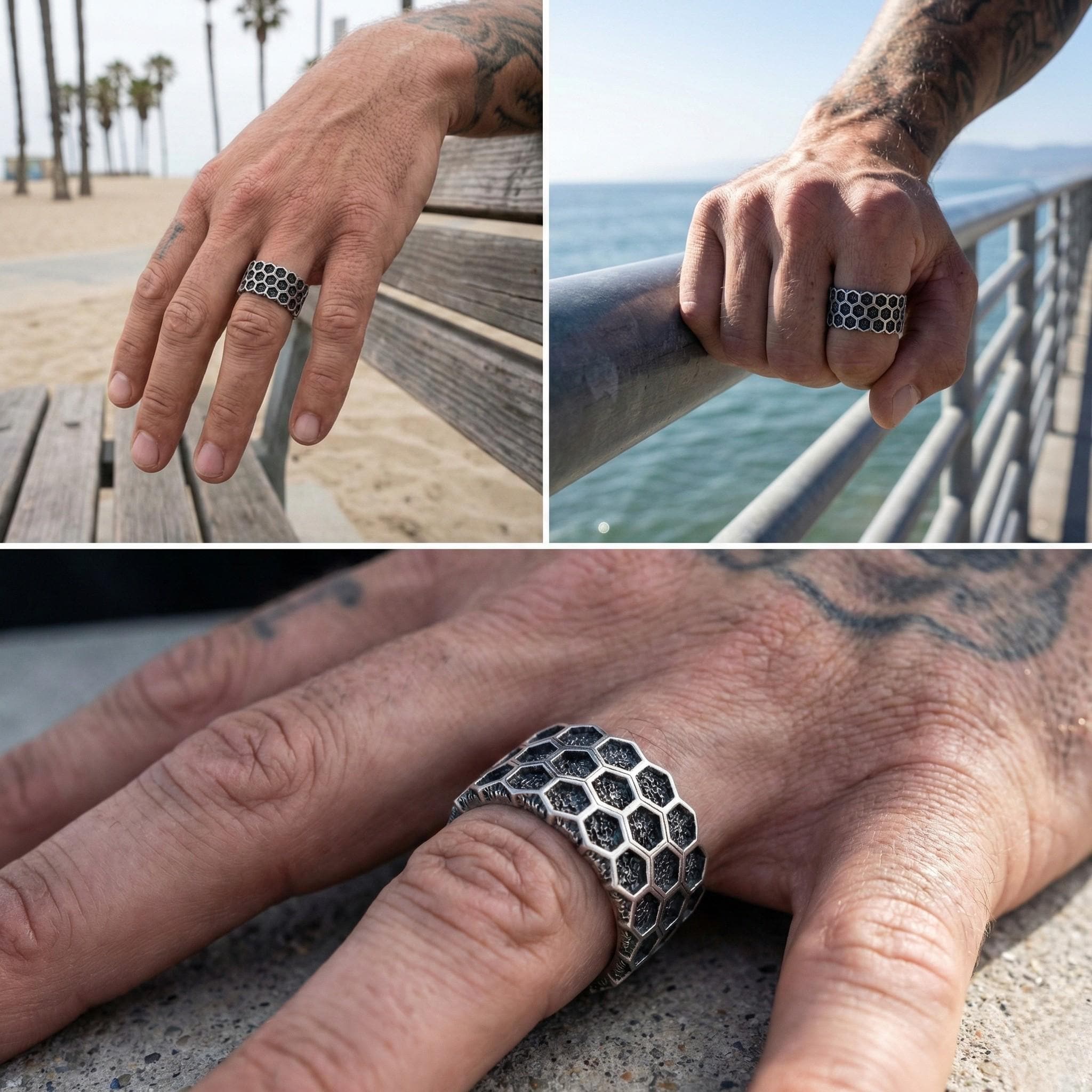 A collage of three images showing a person's hand wearing a ring, with the ring featuring a unique hexagonal design.