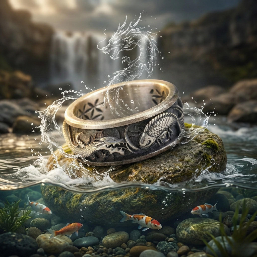A silver ring with a dragon design sits on a rock in a body of water, surrounded by colorful fish and a waterfall in the background.