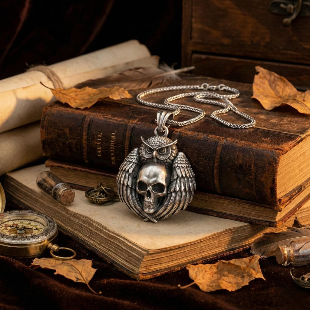 Baykuş Kafatası Kolye Ucu, Oksitlenmiş Gümüş, Gotik Bilgelik Temalı Takı