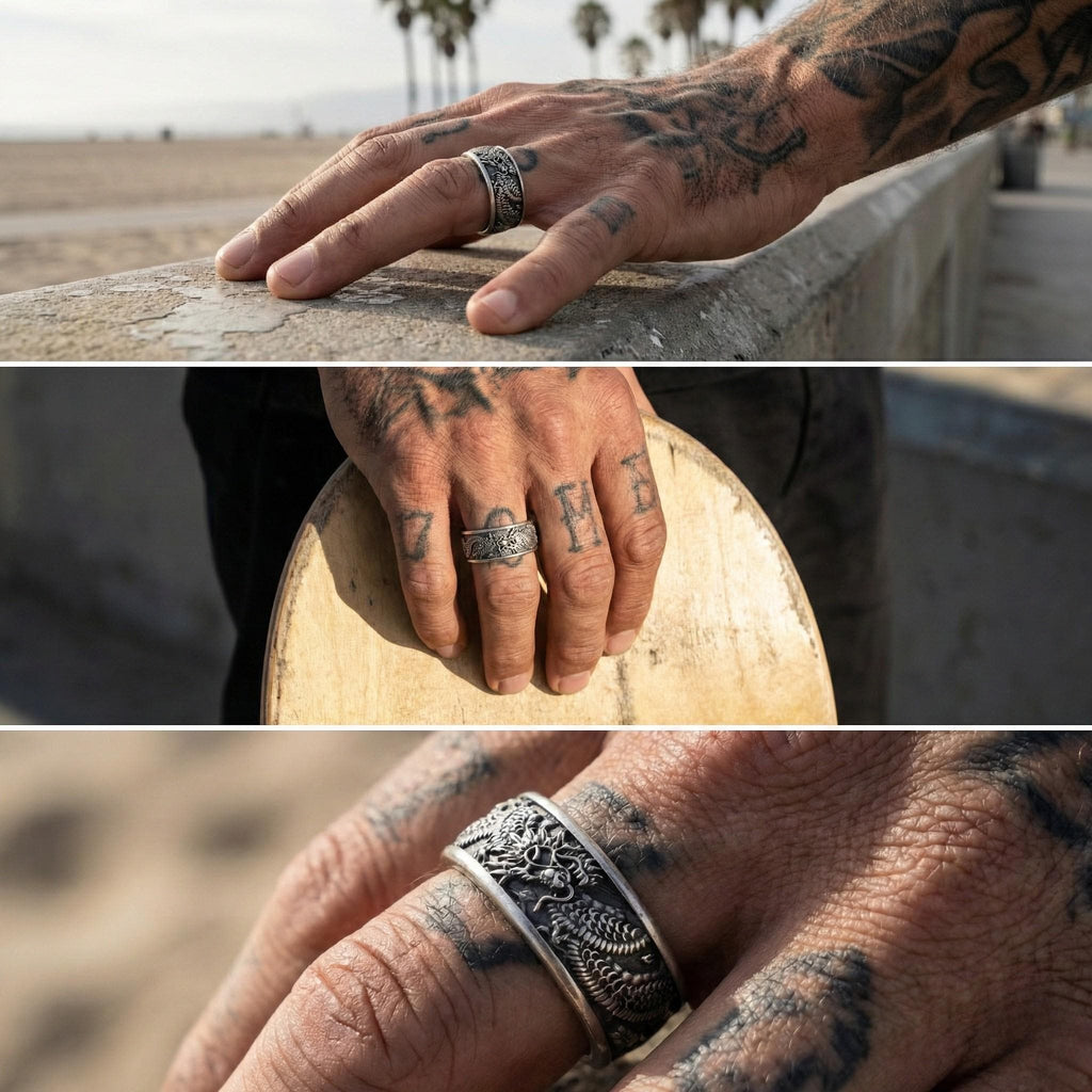 A collage of three images showing a person's hand with tattoos, a skateboard, and a ring.