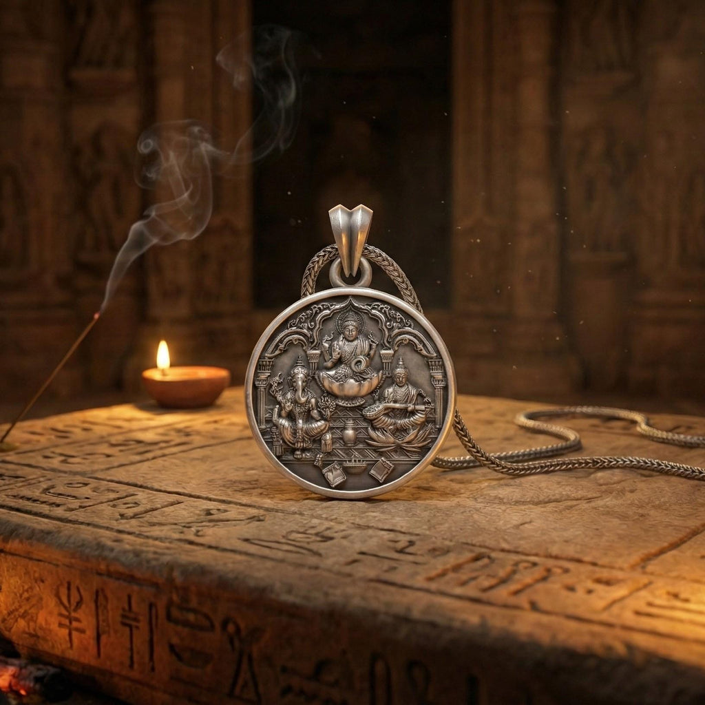 Lakshmi Ganesh Saraswati Kolyesi Oksitlenmiş Gümüş Hindu Takısı