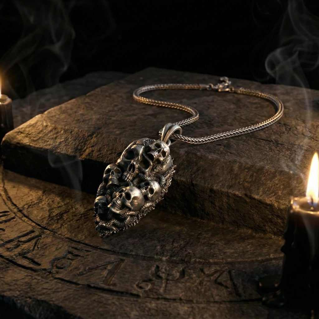 Gotik Kafatası Ve Yılan Temalı Gümüş Kolye