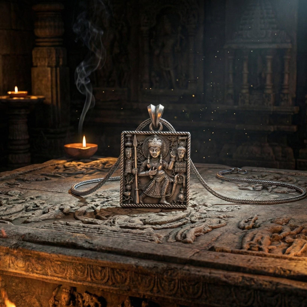 Durga Tanrıçası Kolye Ucu, Oksitlenmiş Gümüş Hindu Takısı