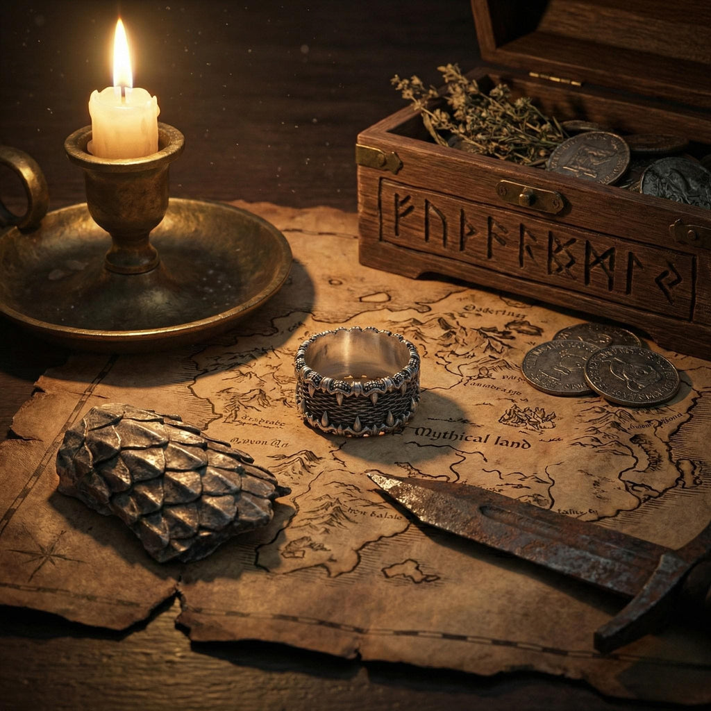 a candle, a map, a ring, coins, and a sword, all arranged on a wooden surface.