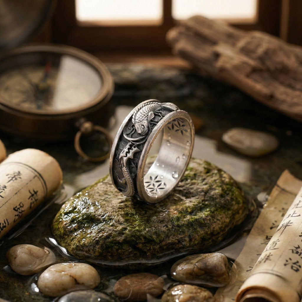 a silver ring with a dragon design, surrounded by various objects such as a compass, a piece of paper with Chinese characters, and some rocks.