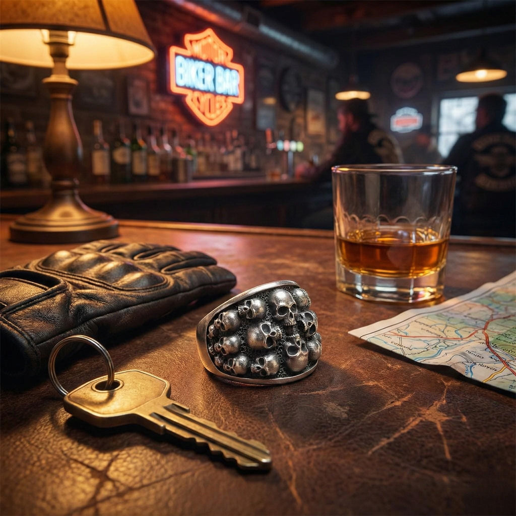 a key, a ring with skulls, a glass of amber liquid, and a map on a table in a bar setting.