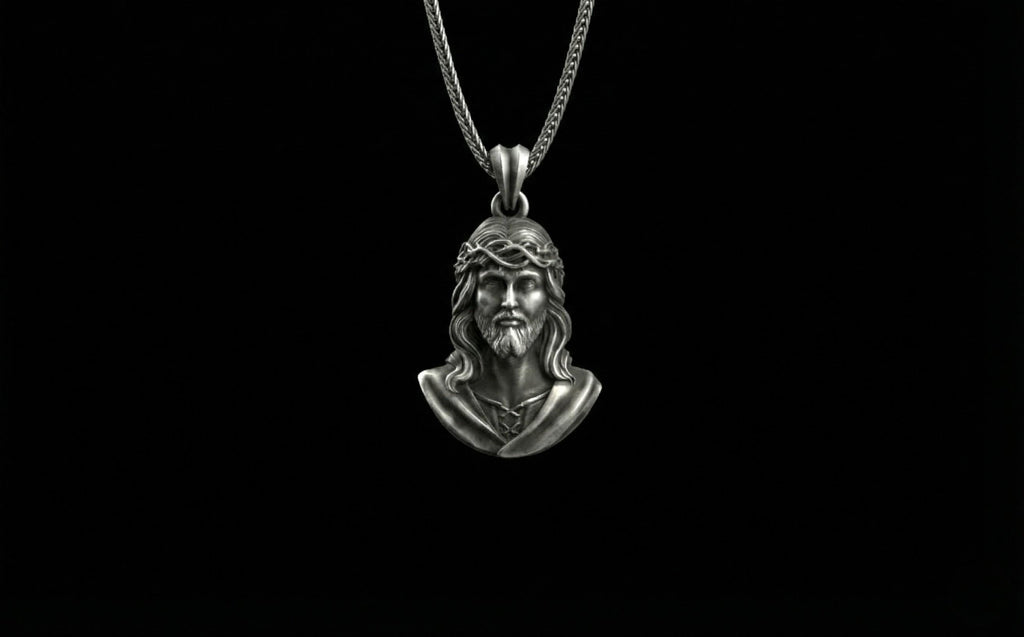 Antik Gümüş İsa Büstü Kolye Hristiyan Dini Madalyon Takı