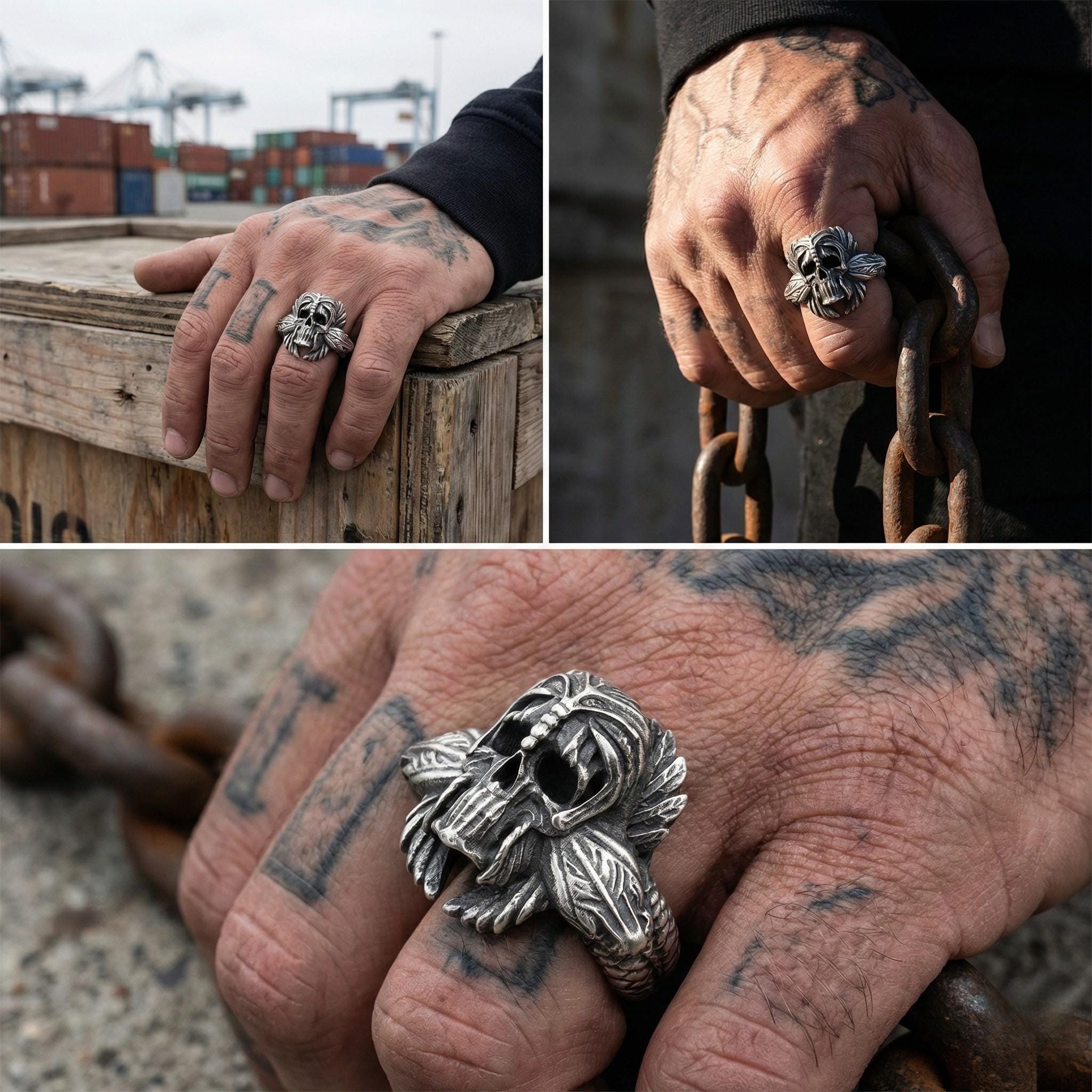 The image is a collage of three photos showing a person's hand wearing a large, ornate ring with a skull design. The hand is also holding a chain, and the background includes a warehouse or industrial setting with shipping containers.