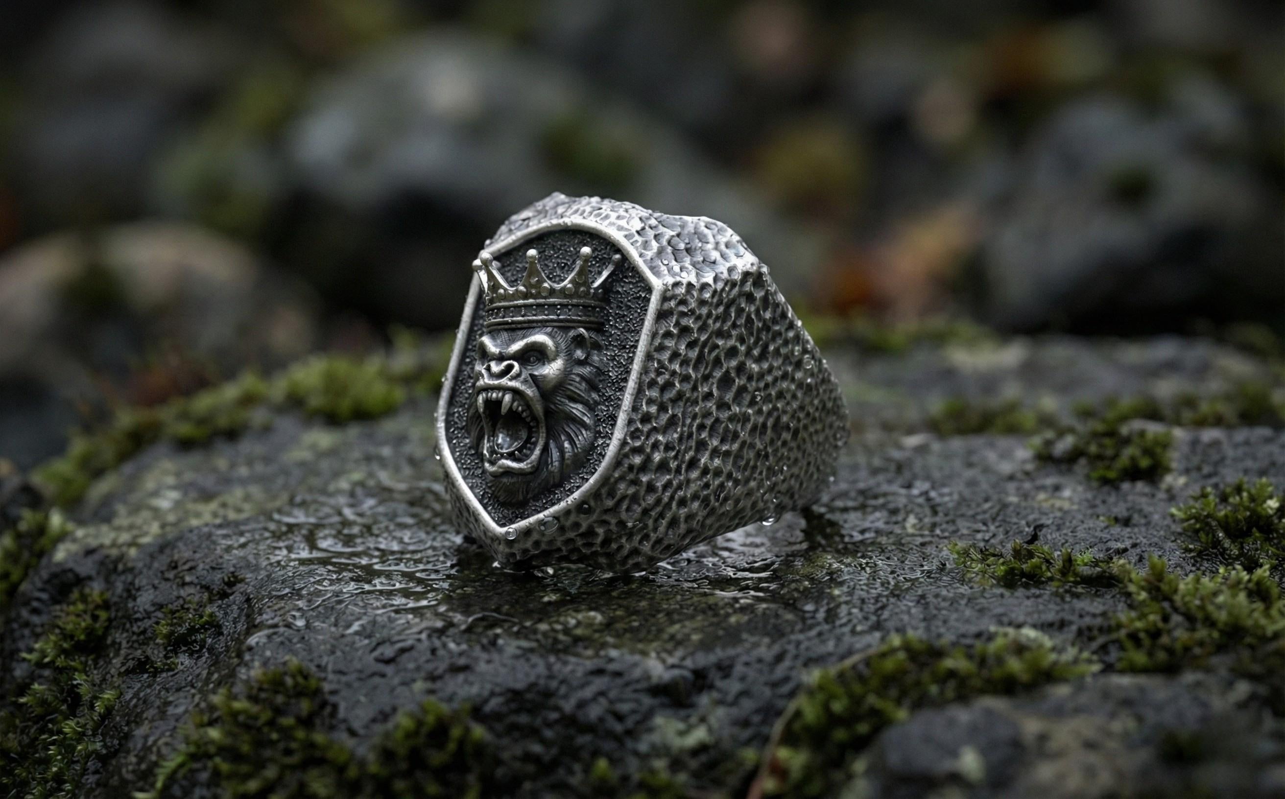 Taçlı Kral Goril Yüzüğü – Unisex Gümüş Hayvan Figürlü Yüzük