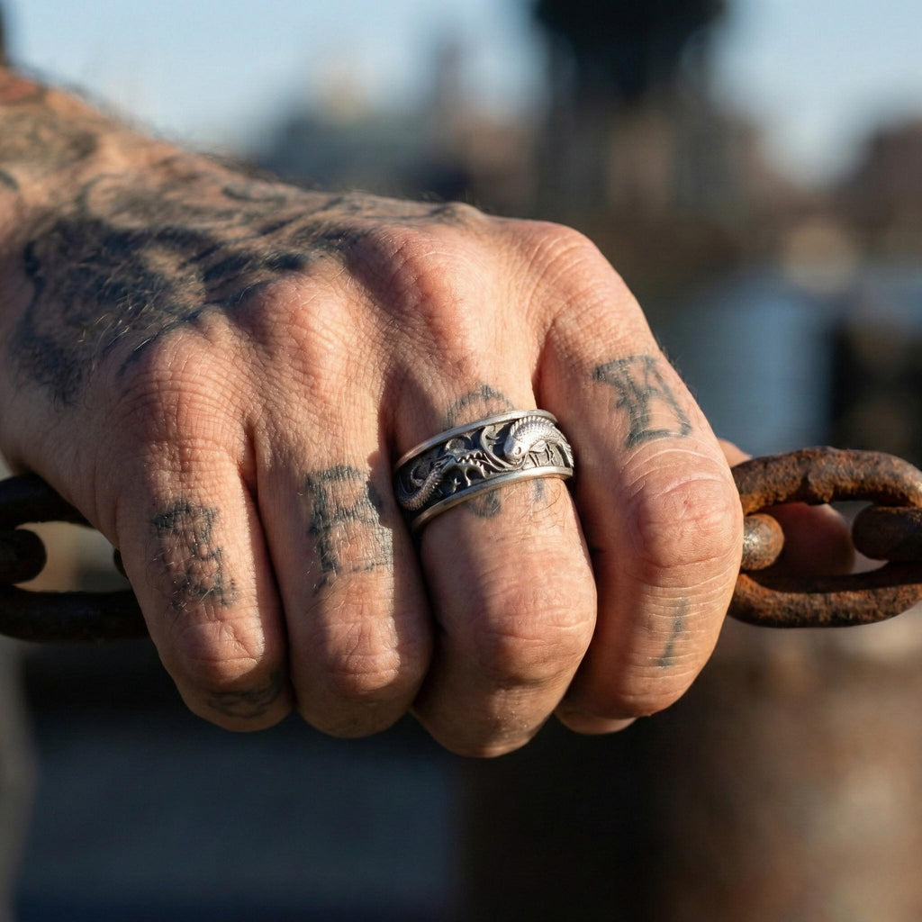 A close-up of a person's hand wearing a silver ring with a moon and star design, with tattoos visible on the fingers.