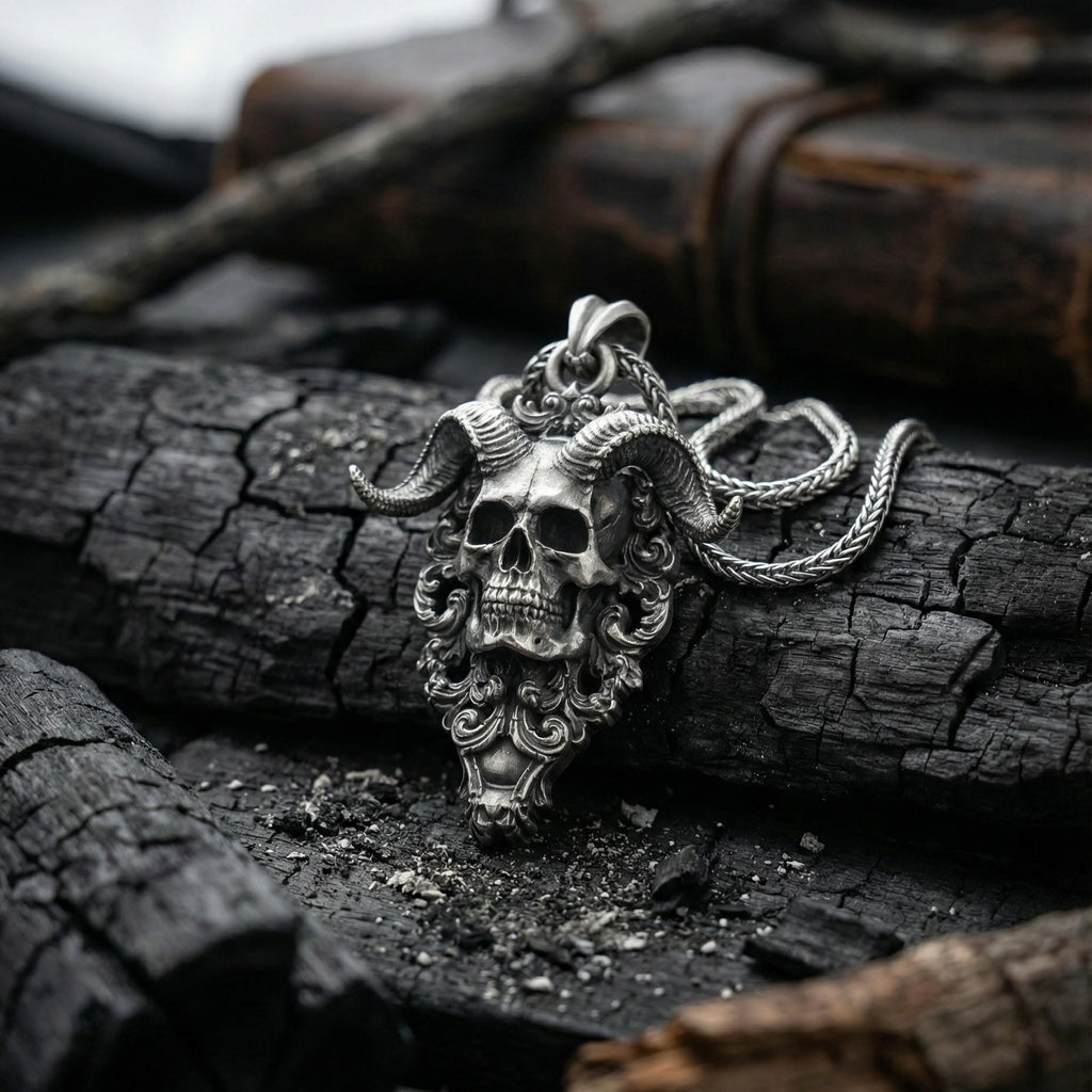 Boynuzlu Şeytan Kafatası Gümüş Kolye