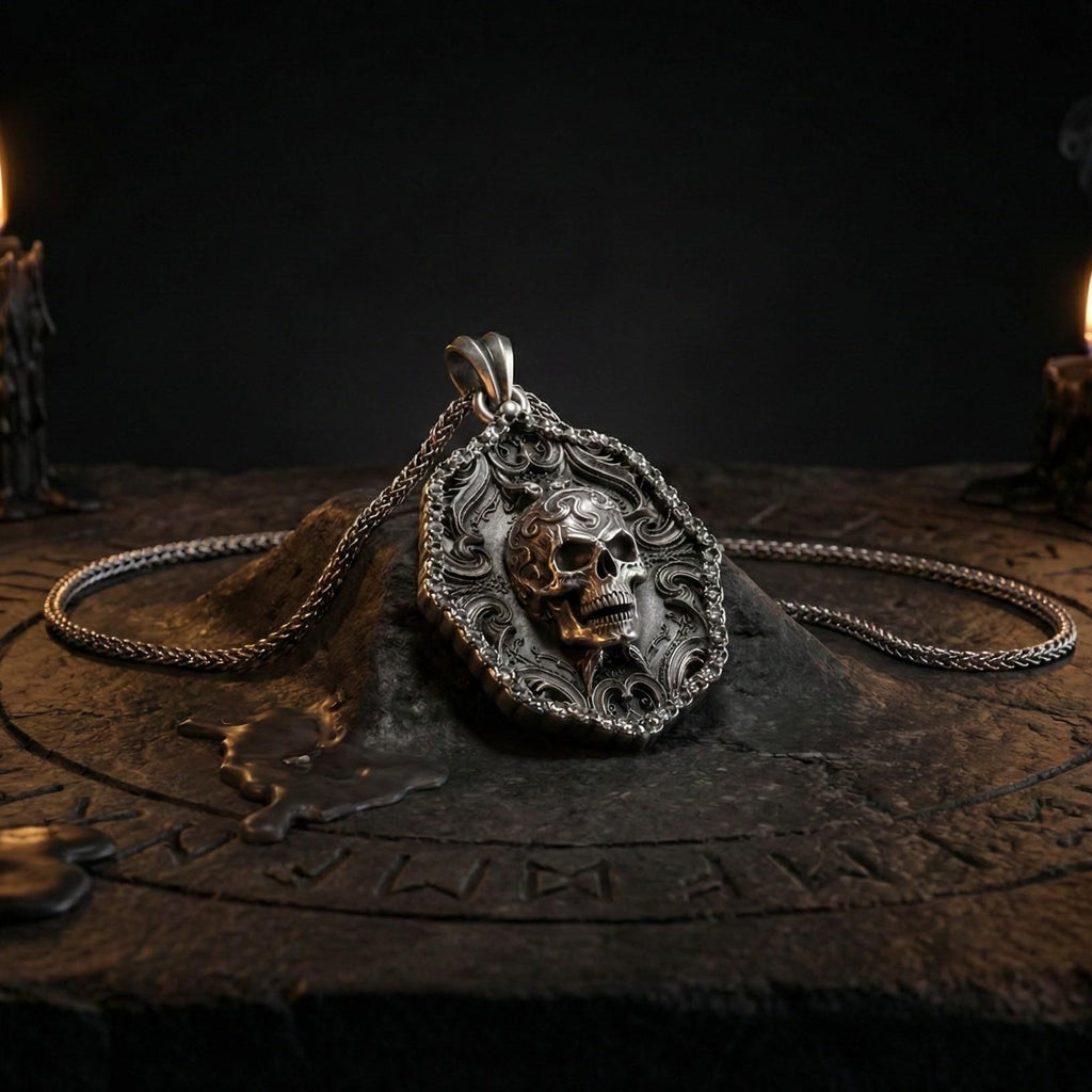 Süslemeli Kafatası Kolye Ucu Oksitlenmiş Gümüş Gotik Tarzı Gösterişli Takı