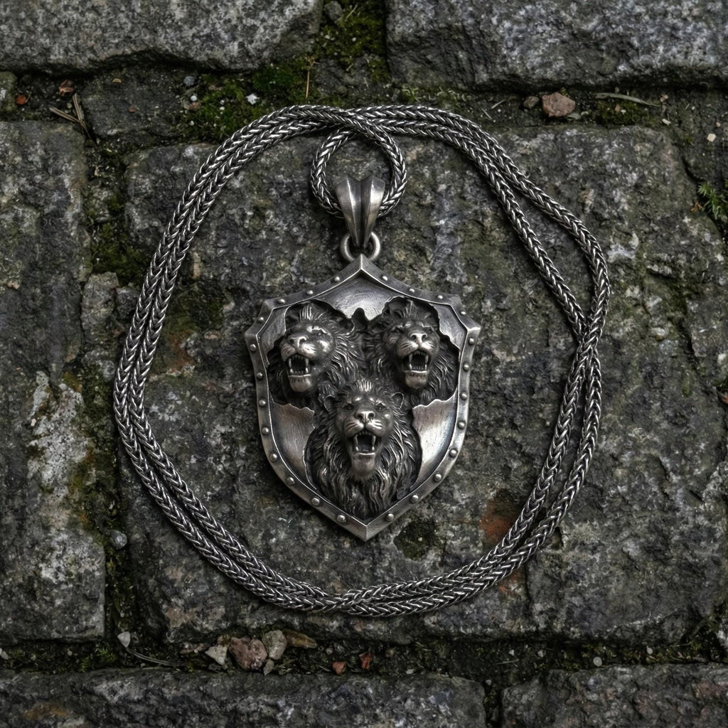 Üç Aslan Kalkan Kolye Ucu Oksitlenmiş Gümüş Takı