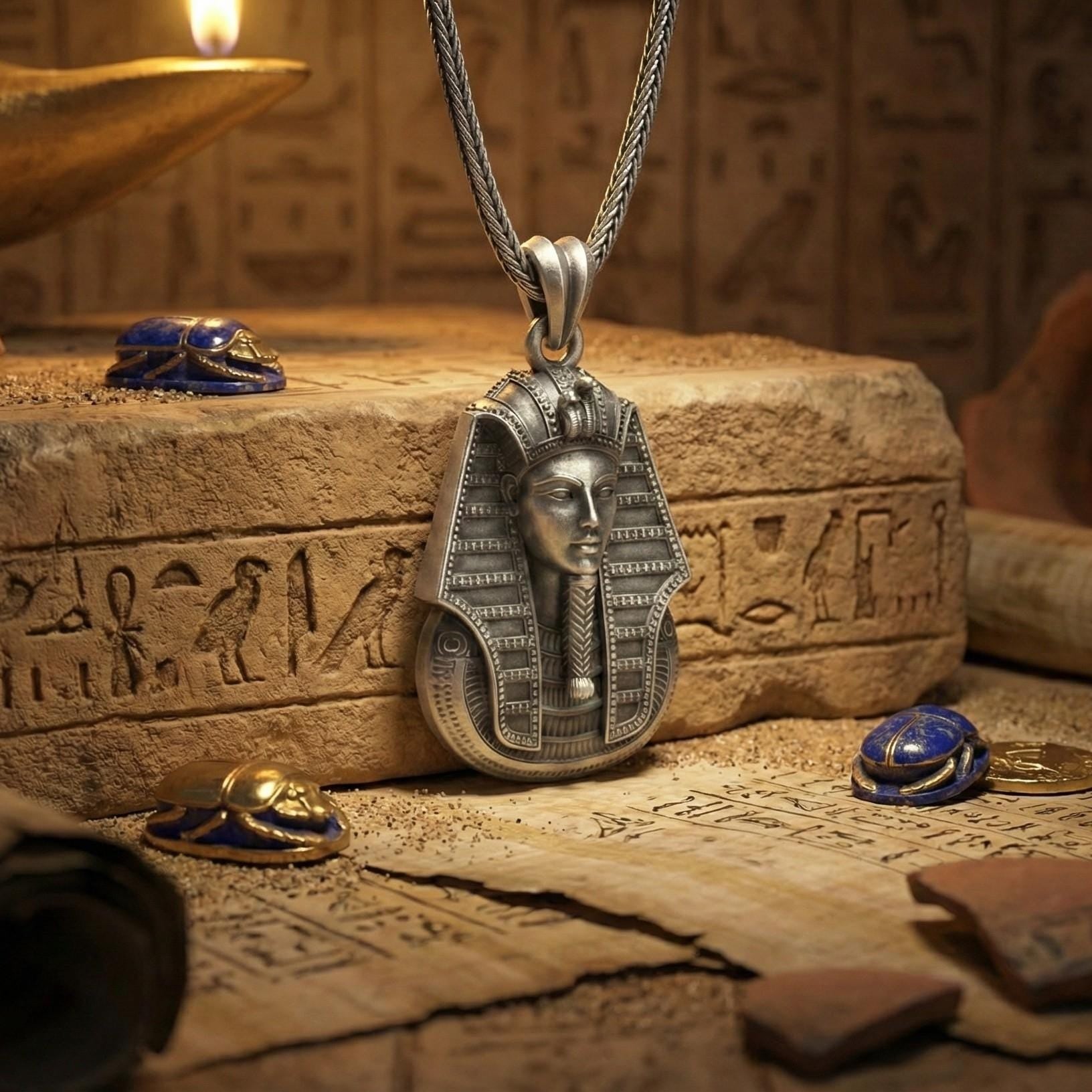 Mısır Firavunu Kolye Ucu, Oksitlenmiş Gümüş Antik Mısır Temalı Takı