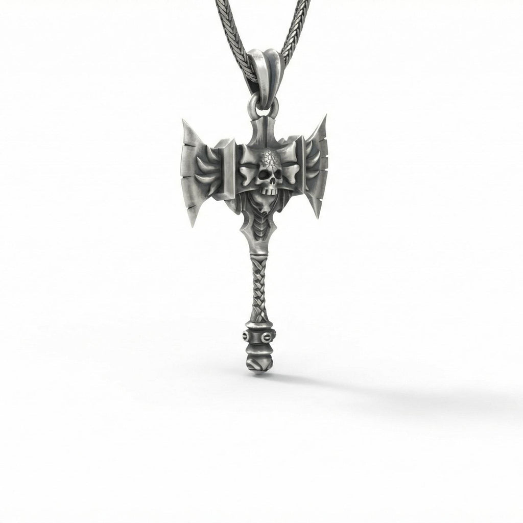 Savaş Baltası Kolye Ucu Oksitlenmiş Gümüş Kafatası Savaşçı Temalı Takı