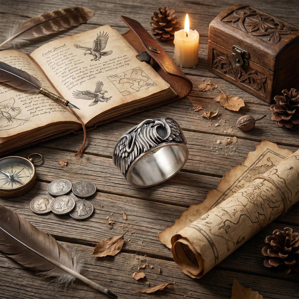 an open book with illustrations of birds, a candle, a map, coins, a ring, and feathers arranged on a wooden surface.