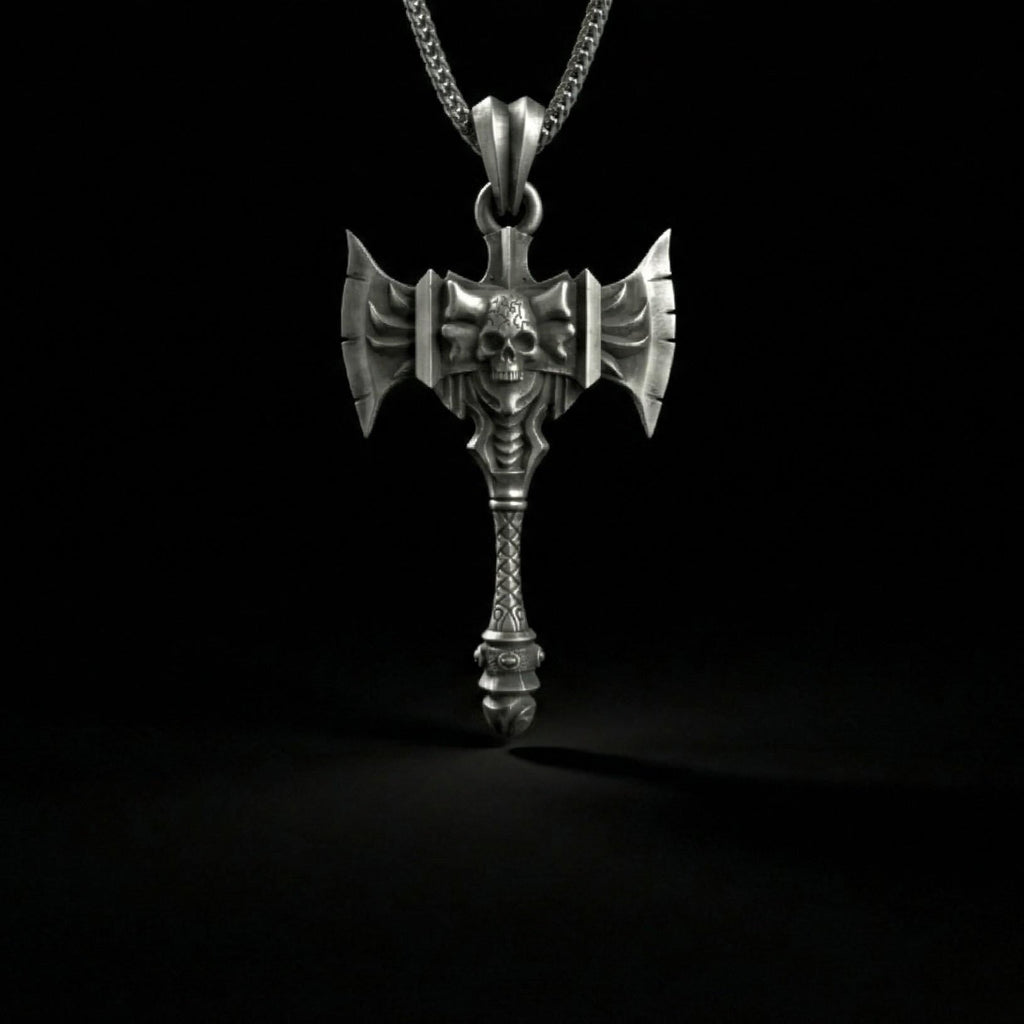Savaş Baltası Kolye Ucu Oksitlenmiş Gümüş Kafatası Savaşçı Temalı Takı