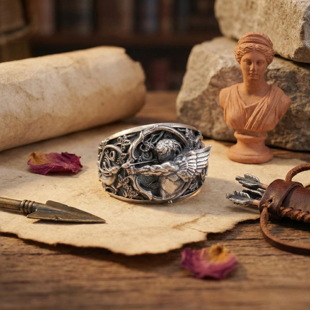 a ring with a silver design, a bust of a woman, a scroll, a small figurine, and some rose petals on a wooden surface.